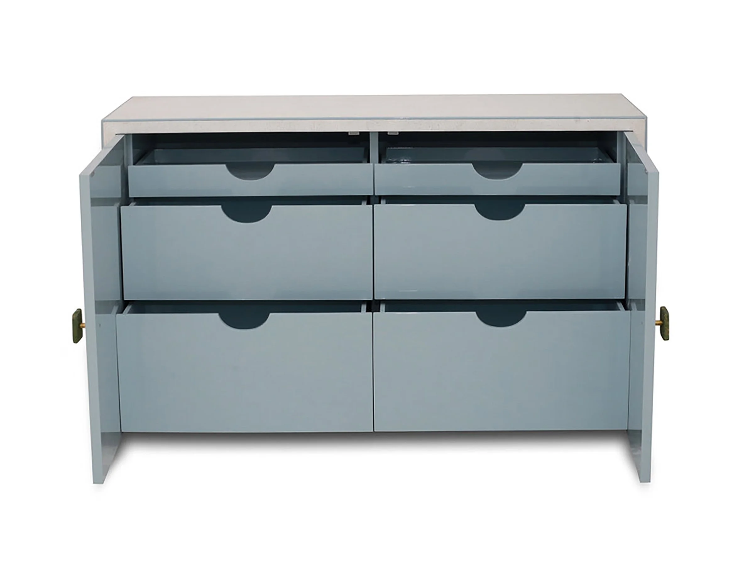 Liz Cabinet in White Snakeskin Eggshell Lacquer with bronze handles front view with doors open..