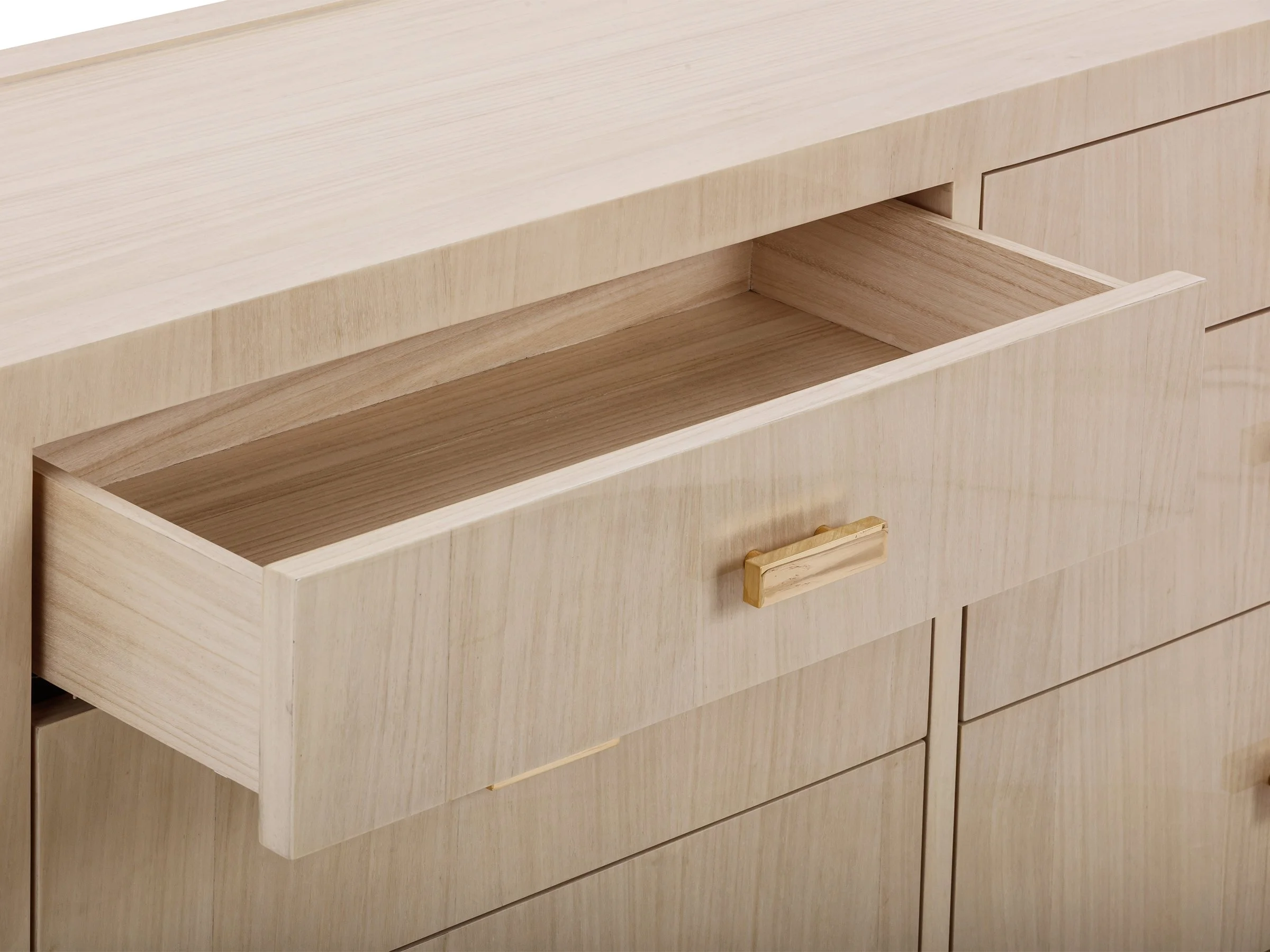 Felisse Dresser in high-gloss white tay with drawer open