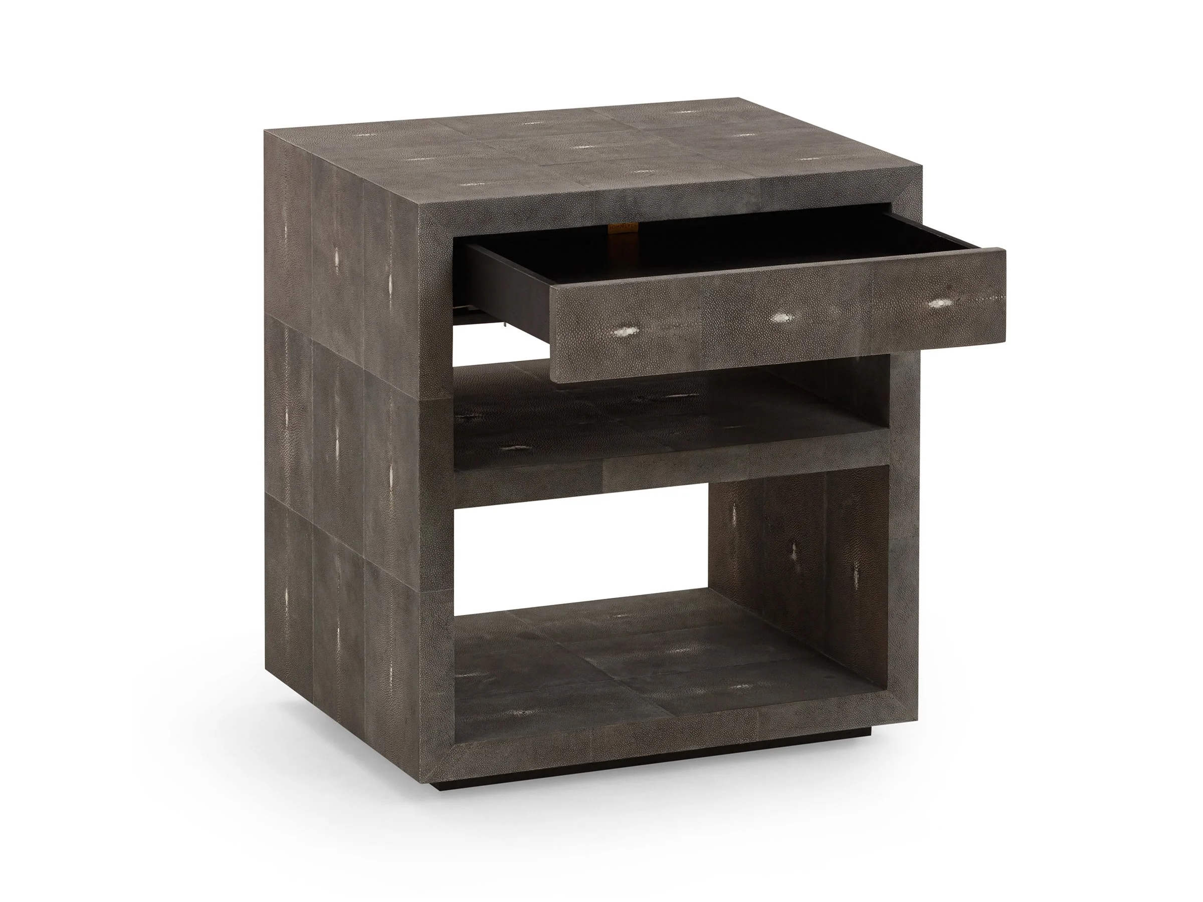The Jean Stand in Truffle Shagreen, angle view, drawer open.