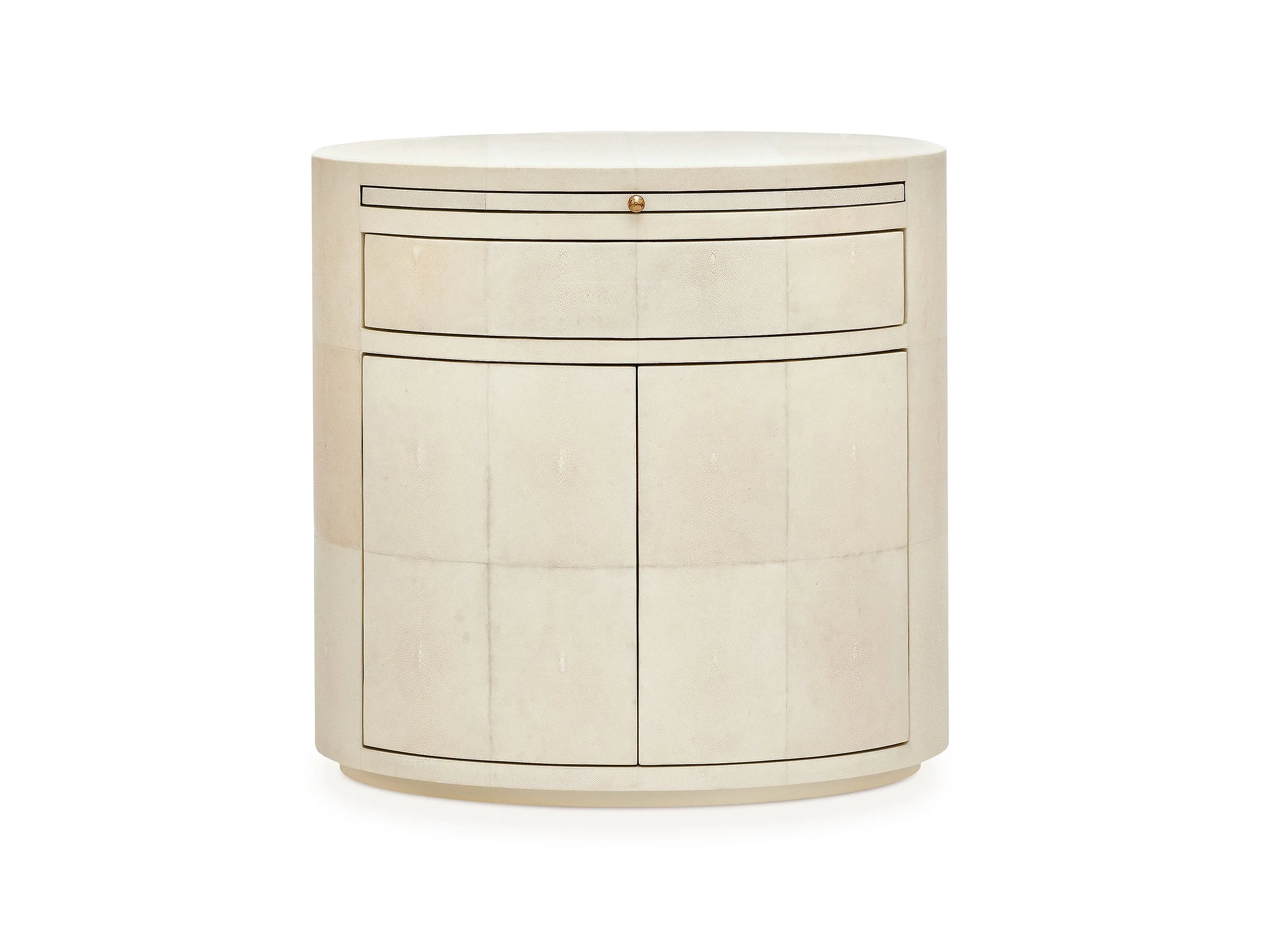 Front view of the Betty Cabinet showcasing oval shape and drawer detailing