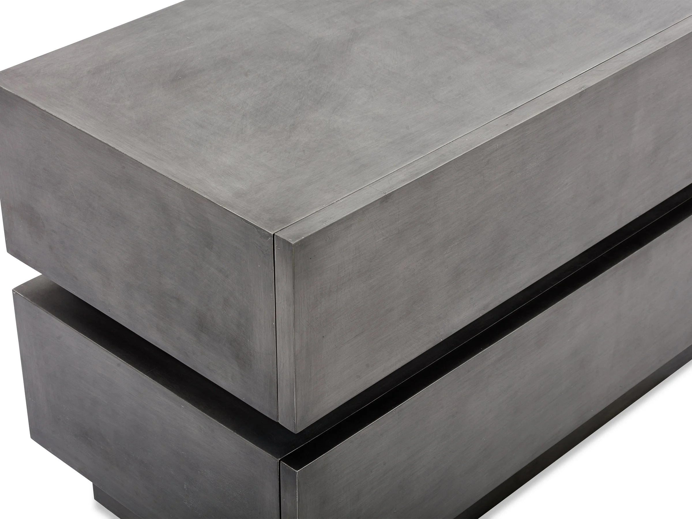 Detail view of The Oscar Stand in Tungsten Foil Lacquer with two drawers, modern geometric design.