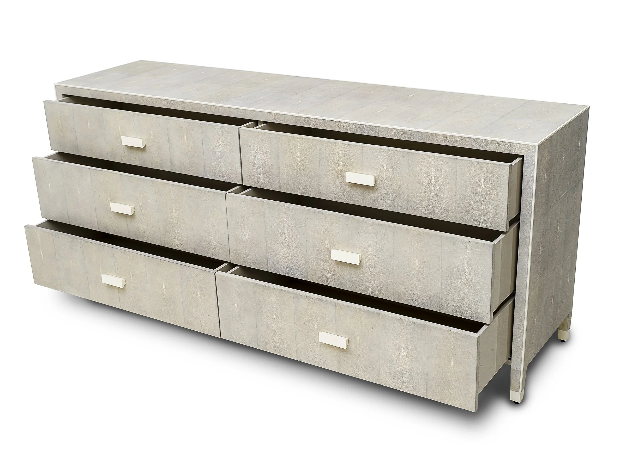 Front view of the Double Matthew Chest in Water Grey Shagreen with open drawers