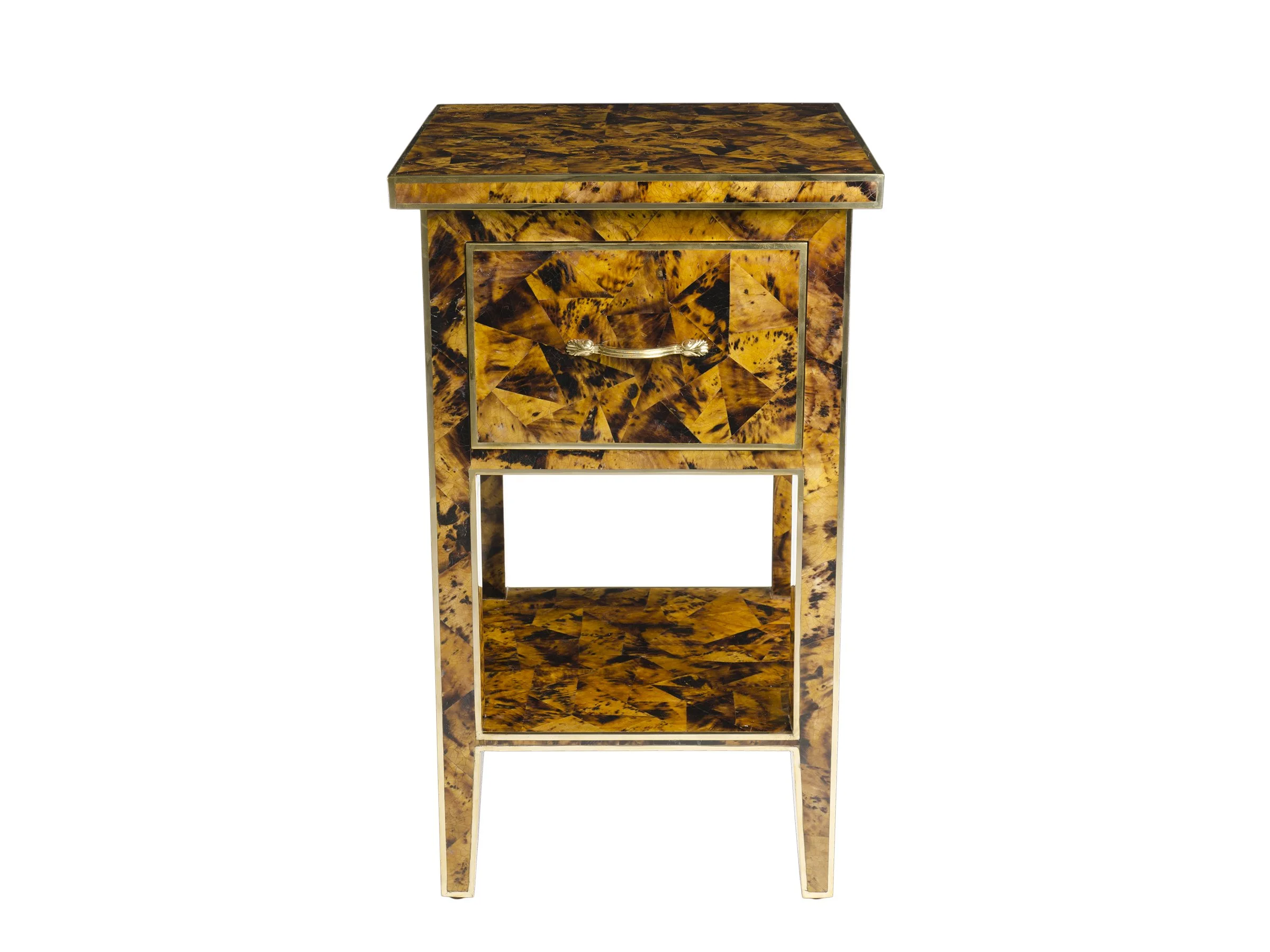 Front view of the Manor Nightstand in amber pen shell with gold leaf trim, featuring one drawer and one open shelf.
