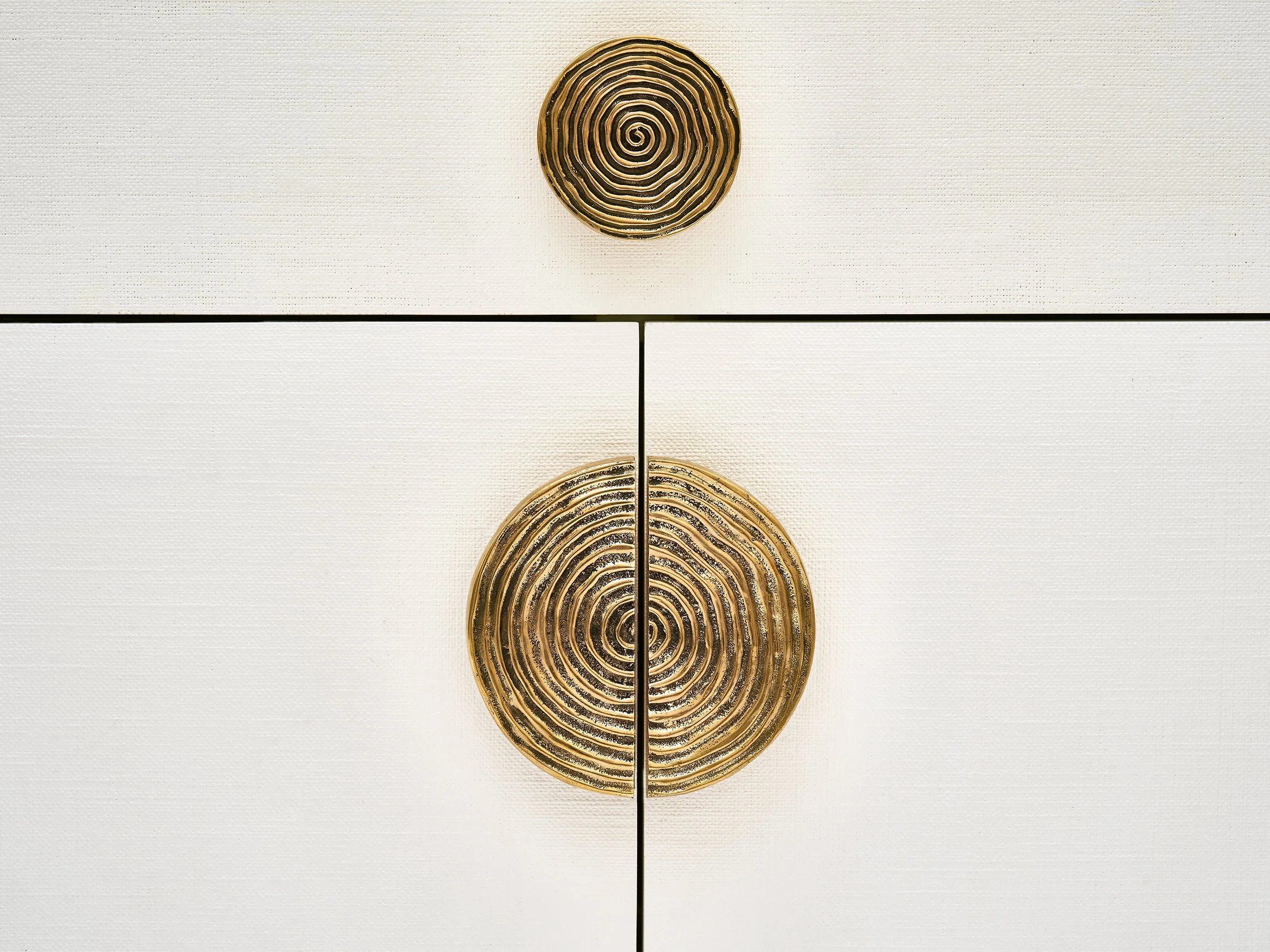 Detail view of the Phillip Buffet in Talc Lacquered Linen