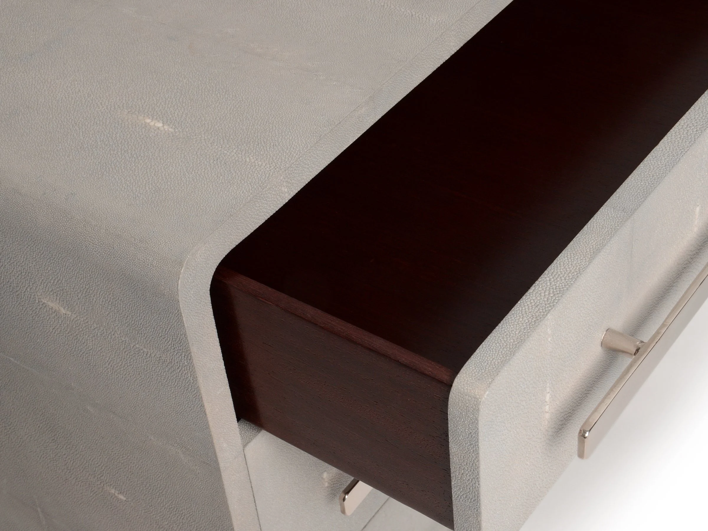 Glenn Stand in watergrey shagreen finish with bronze pulls, drawer open detail