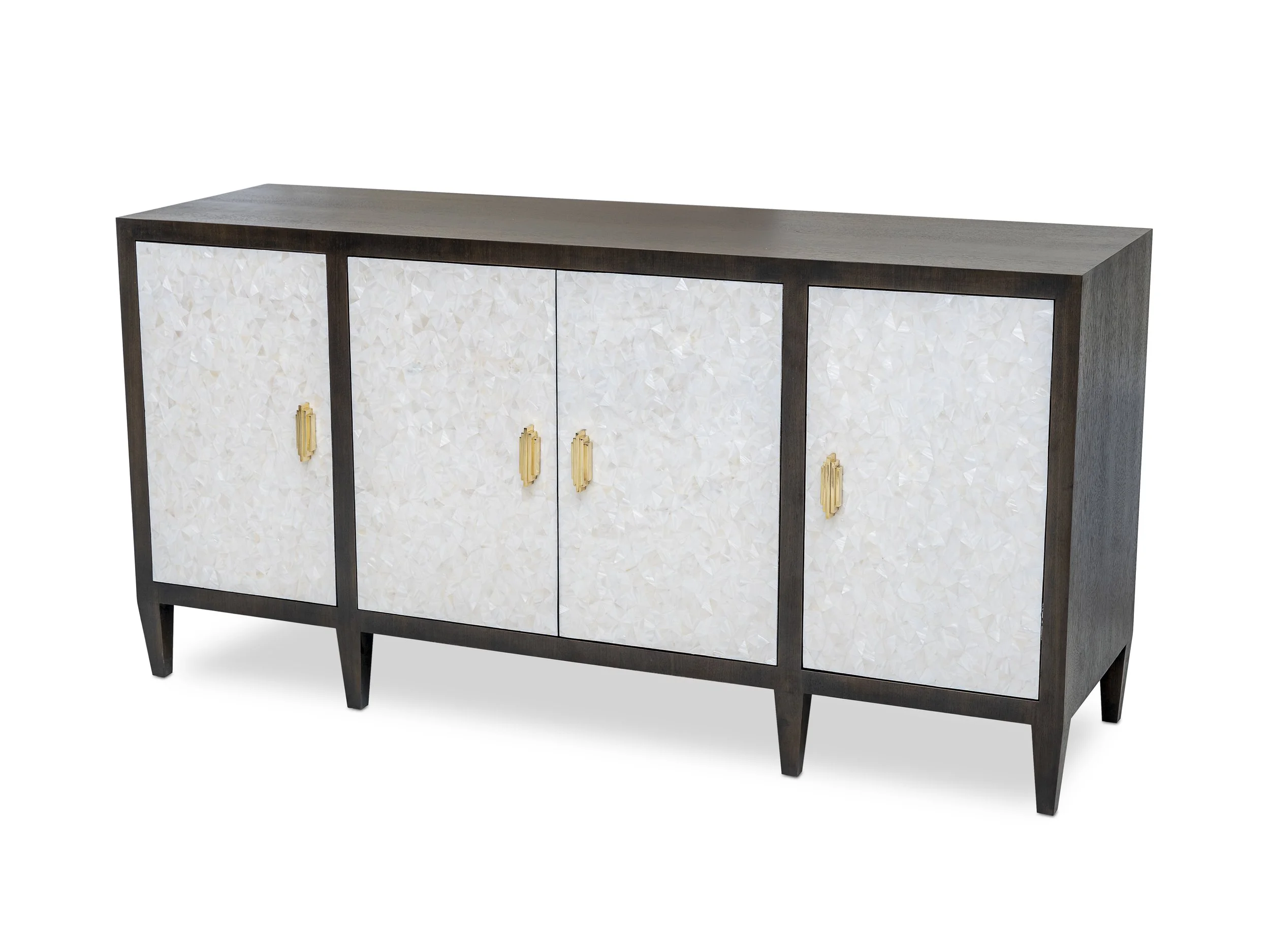 Front view of The Mercer Credenza in dark walnut with white mother-of-pearl fronts and bronze handles