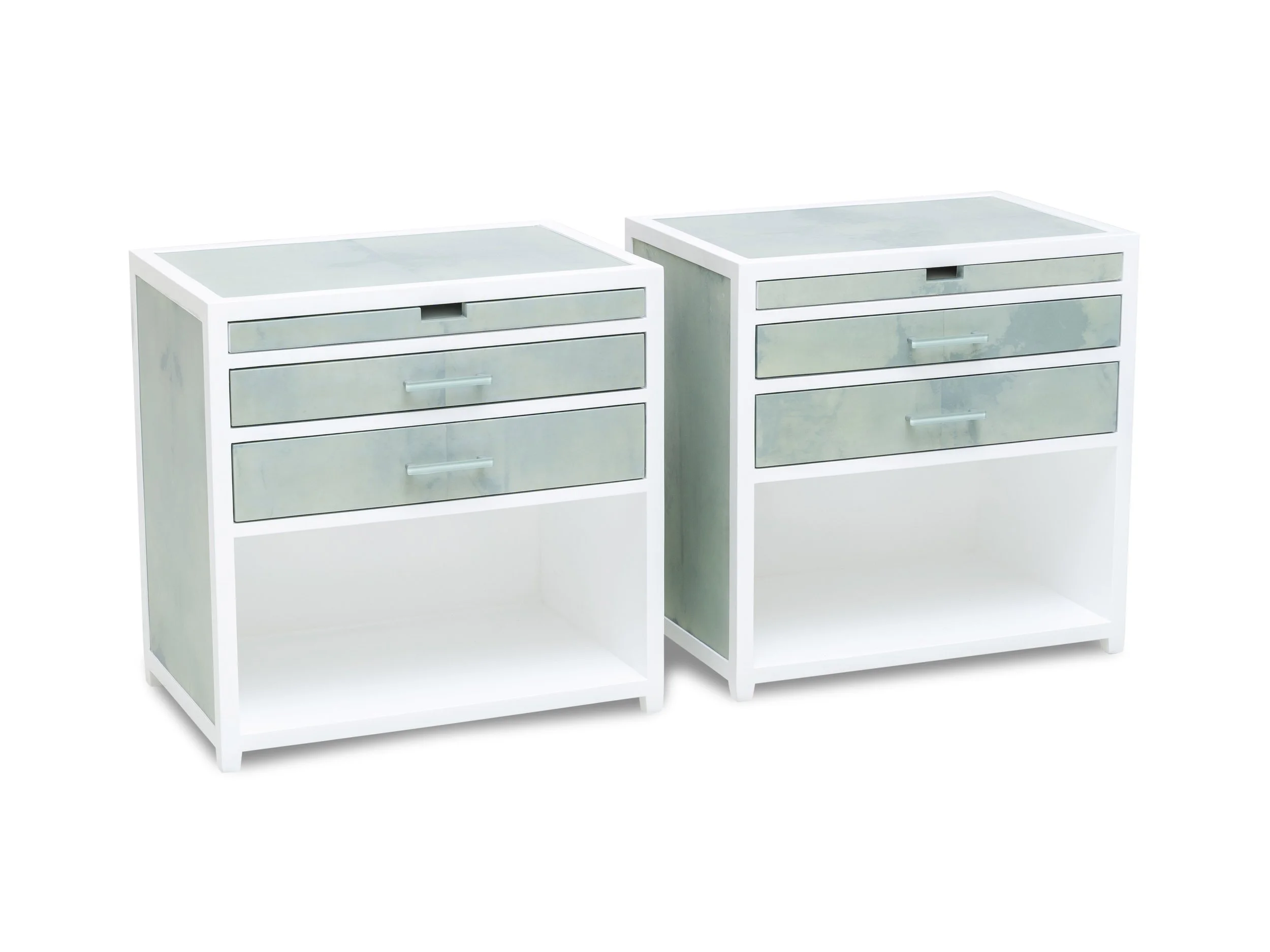 Pair of Zelda Nightstands in custom parchment and talc lacquer finish.