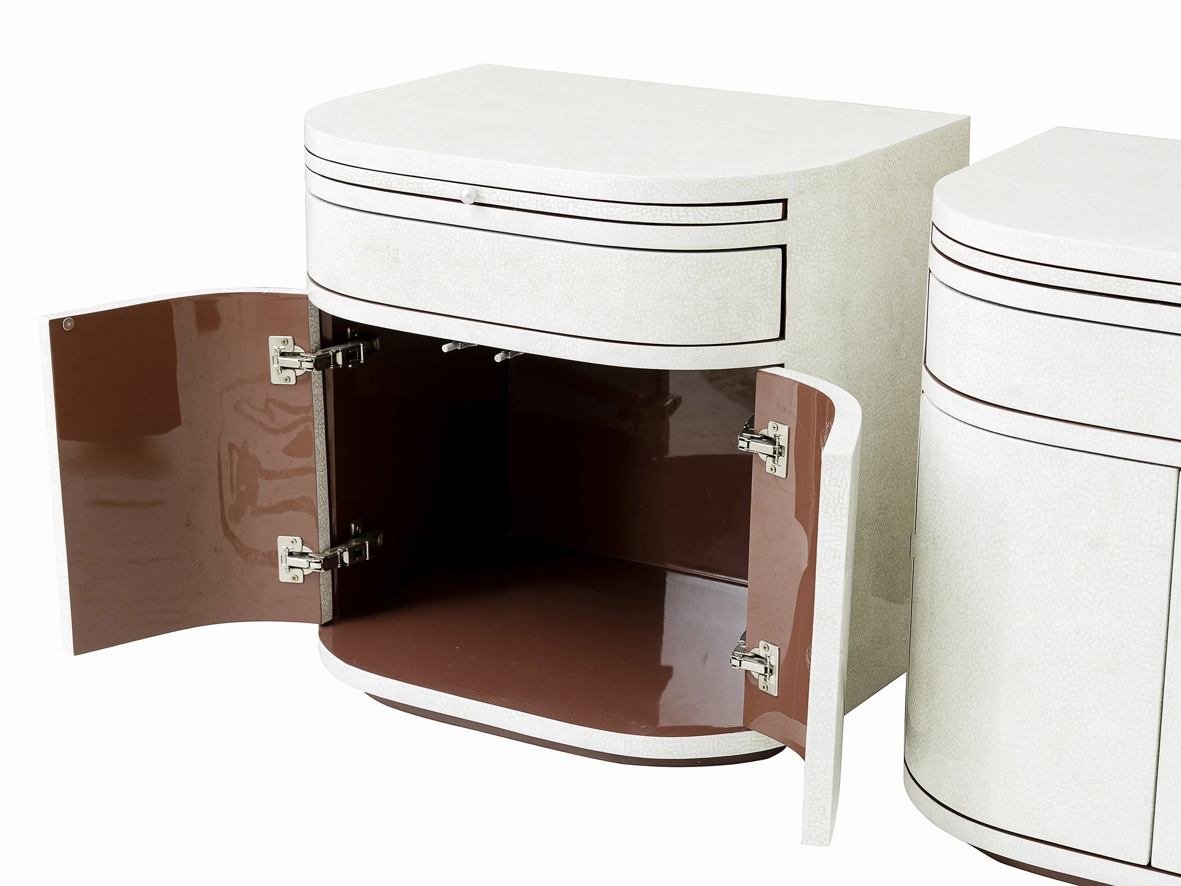 Angle view of Rita Cabinet in White Snakeskin Eggshell Lacquer with door open revealing interior