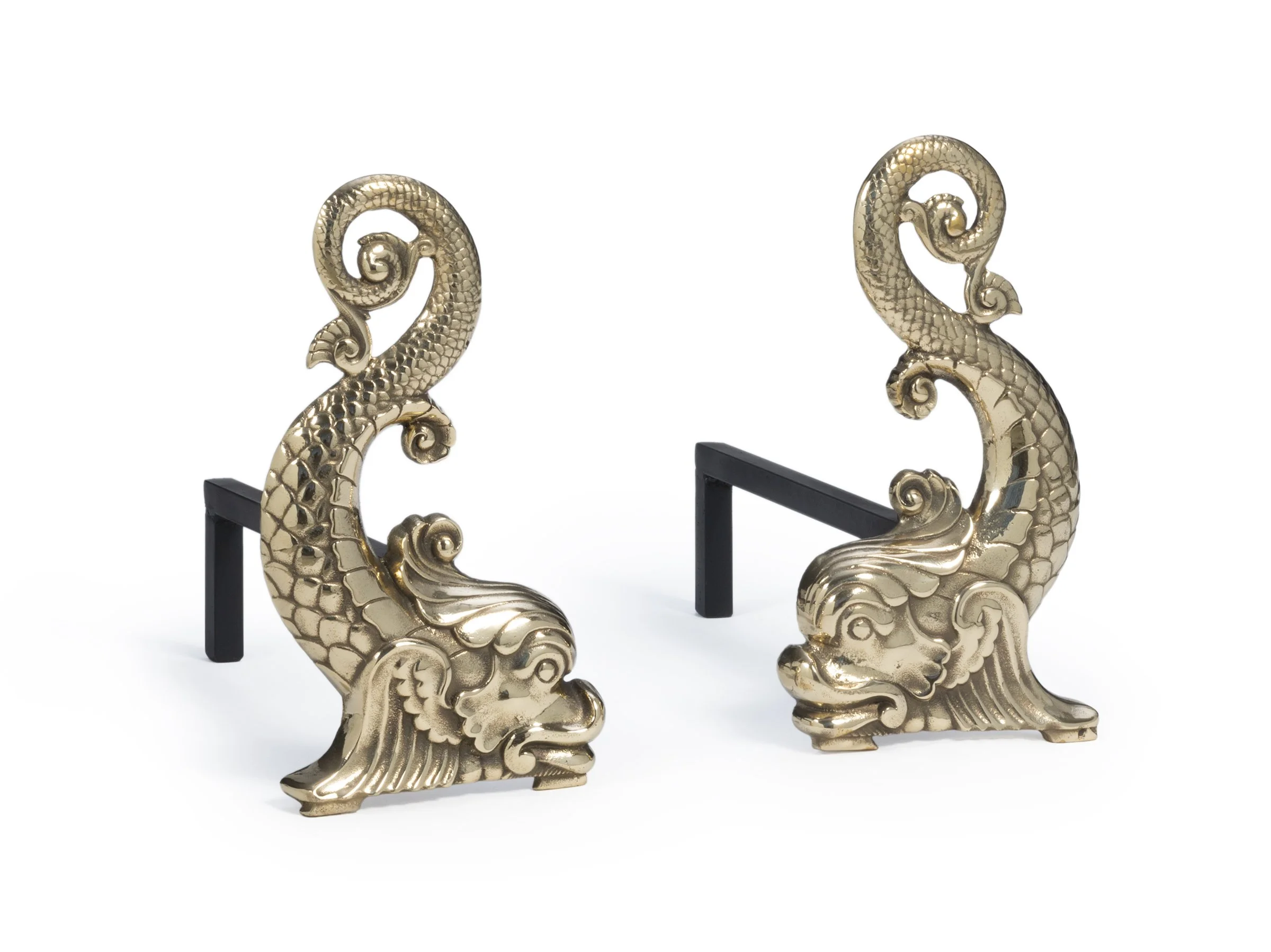 Side angle of Dauphin Andirons showing scale texture and heraldic silhouette.