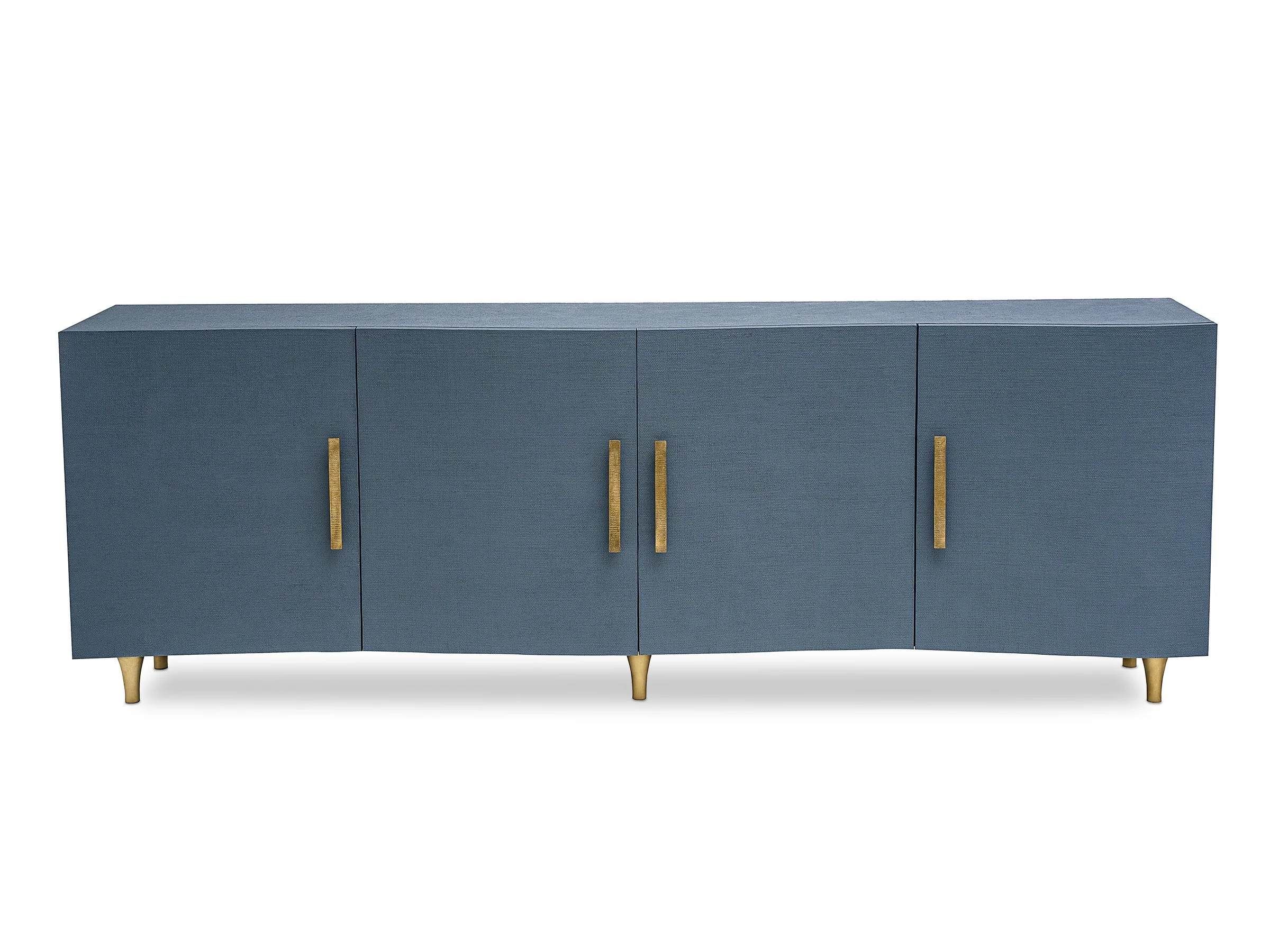 Front view of the New Wave Cabinet in Lagoon lacquered linen with antique bronze hardware and feet.