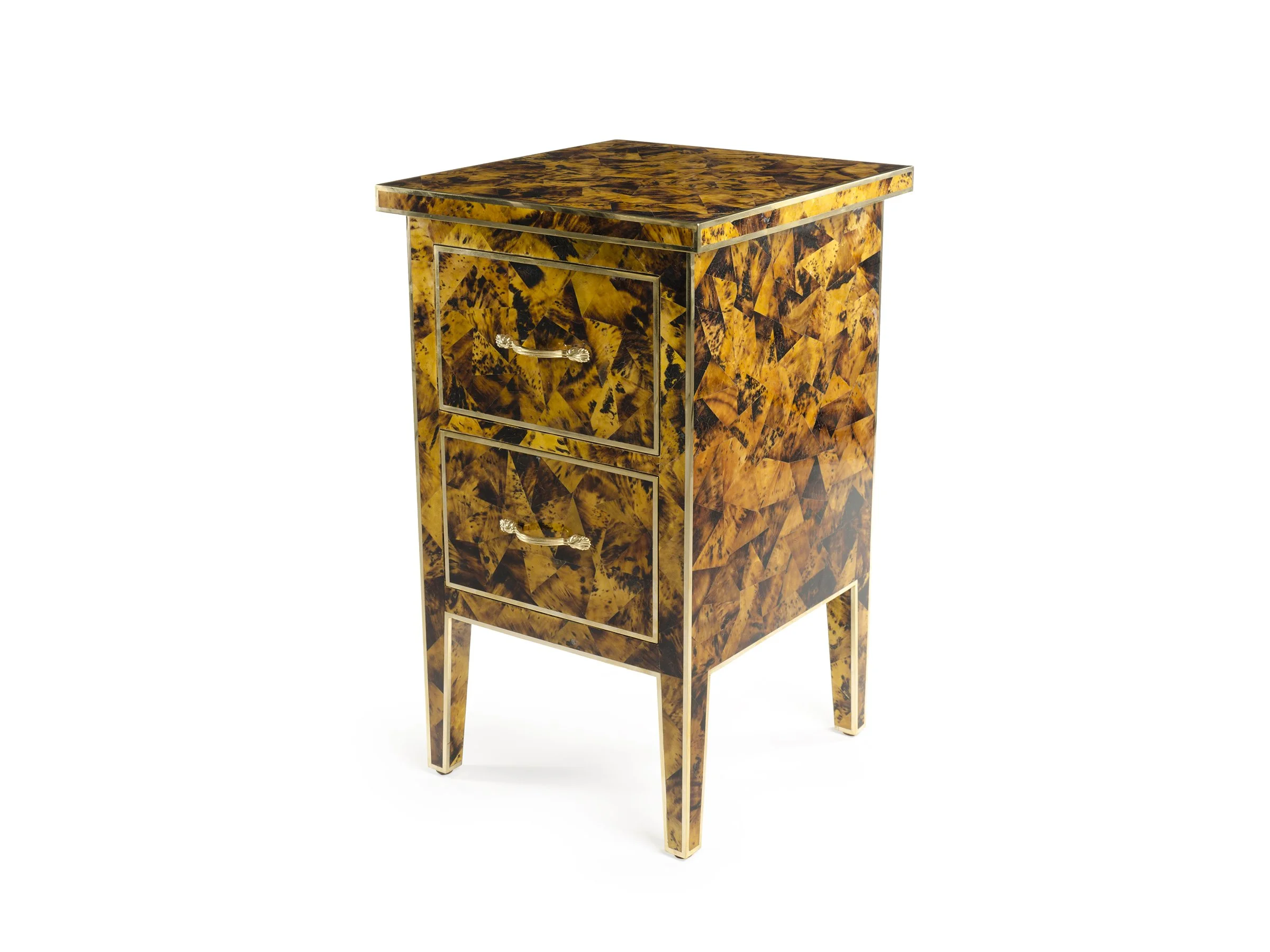 Angled view of the Manor Cabinet in Amber Pen Shell with gold leaf trim, highlighting unique shell patterning