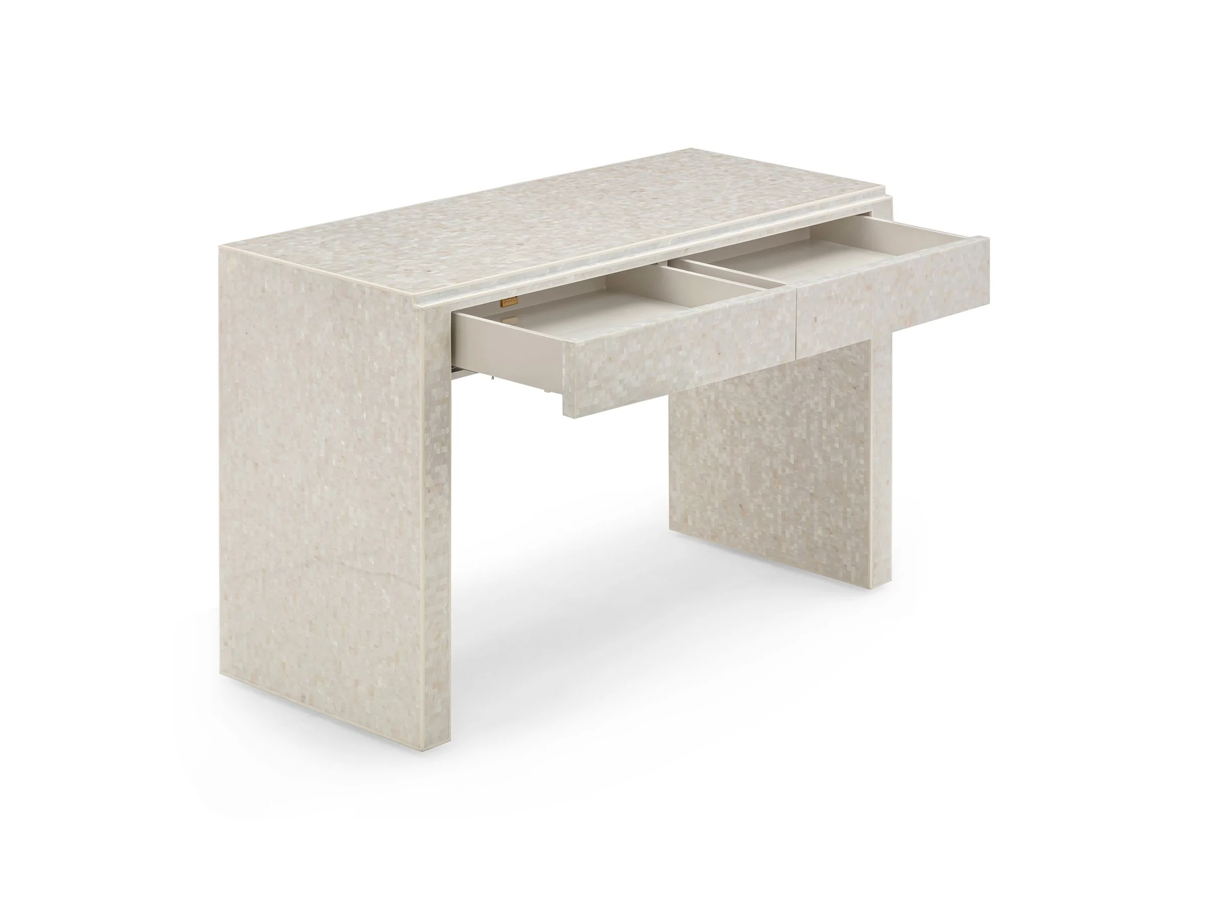 Albert Desk in white mother of pearl finish with two drawers.