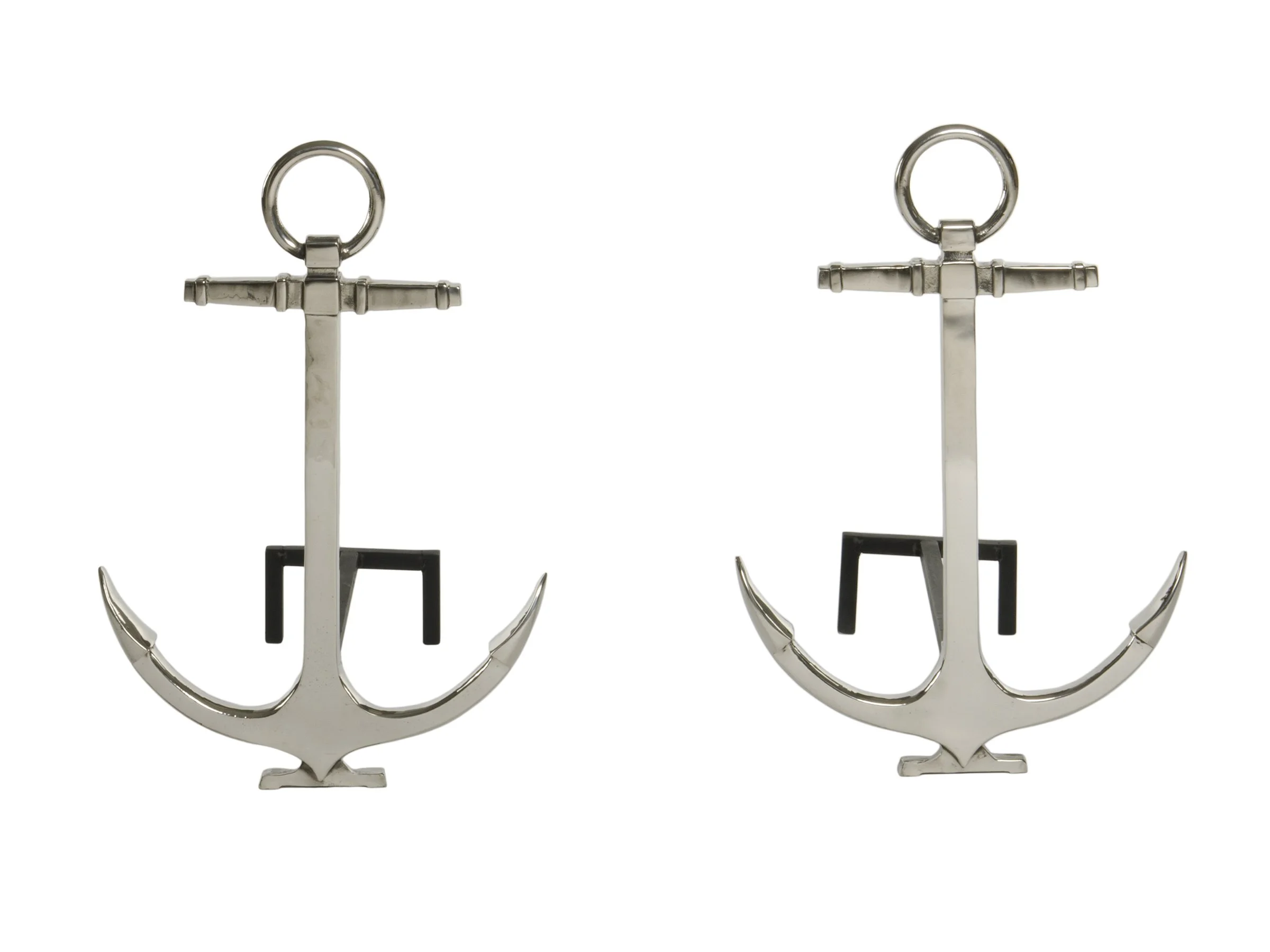 Anchor Andirons in polished white bronze, straight-on front view