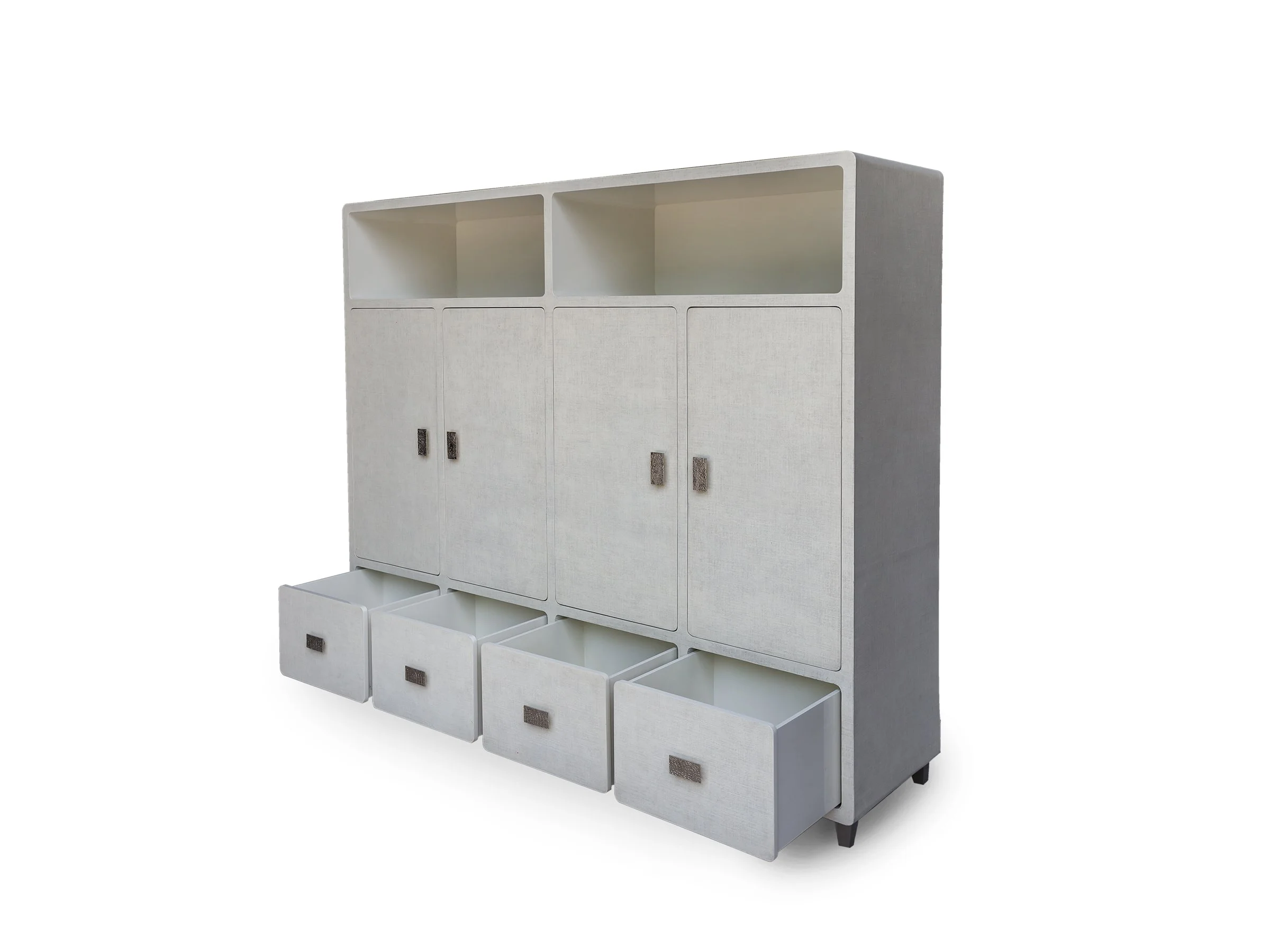 Glenn Armoire in Snow Lacquered Linen with drawers open