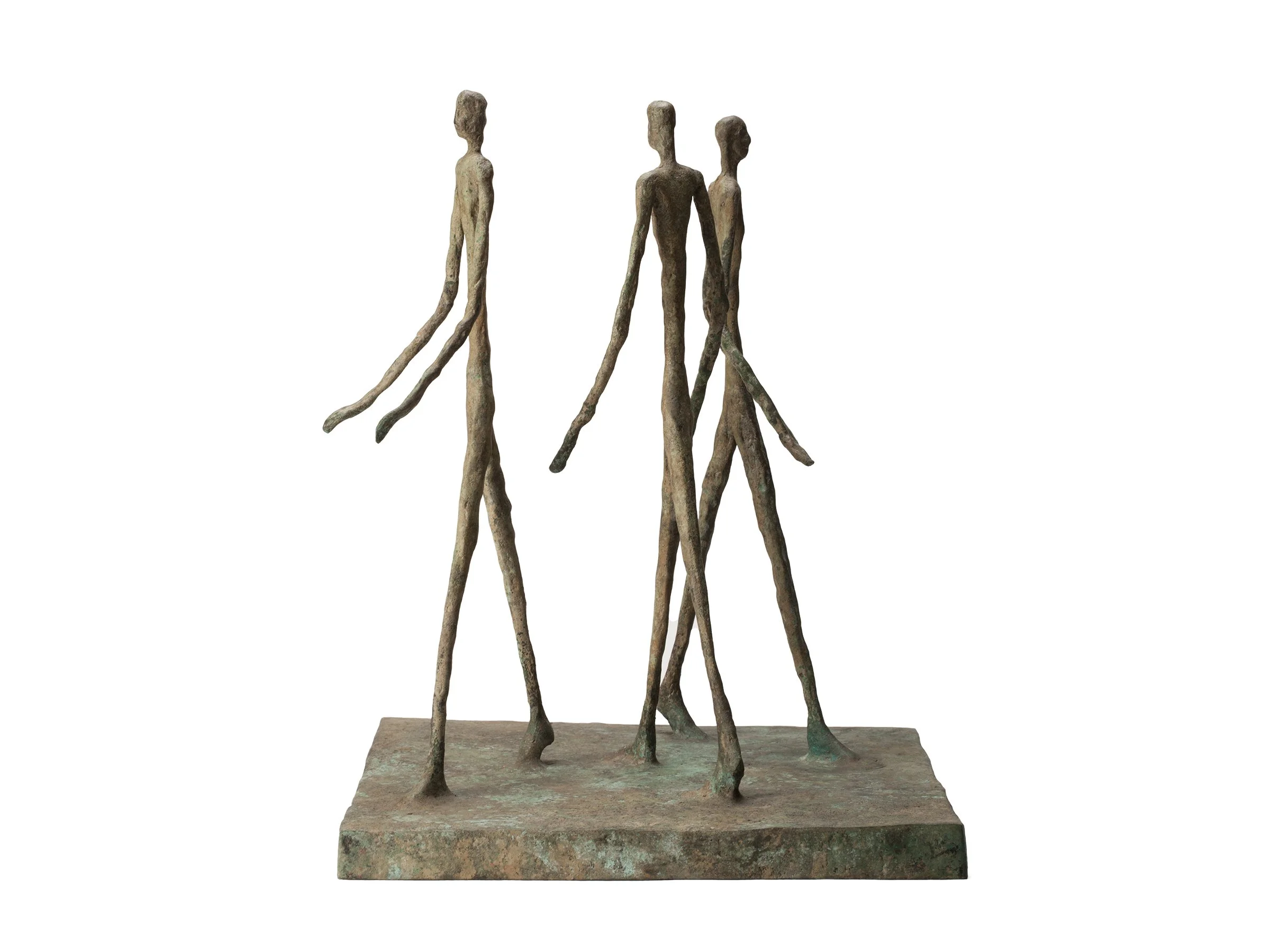 Front view of The Strohl Sculpture showing three elongated bronze figures in motion.