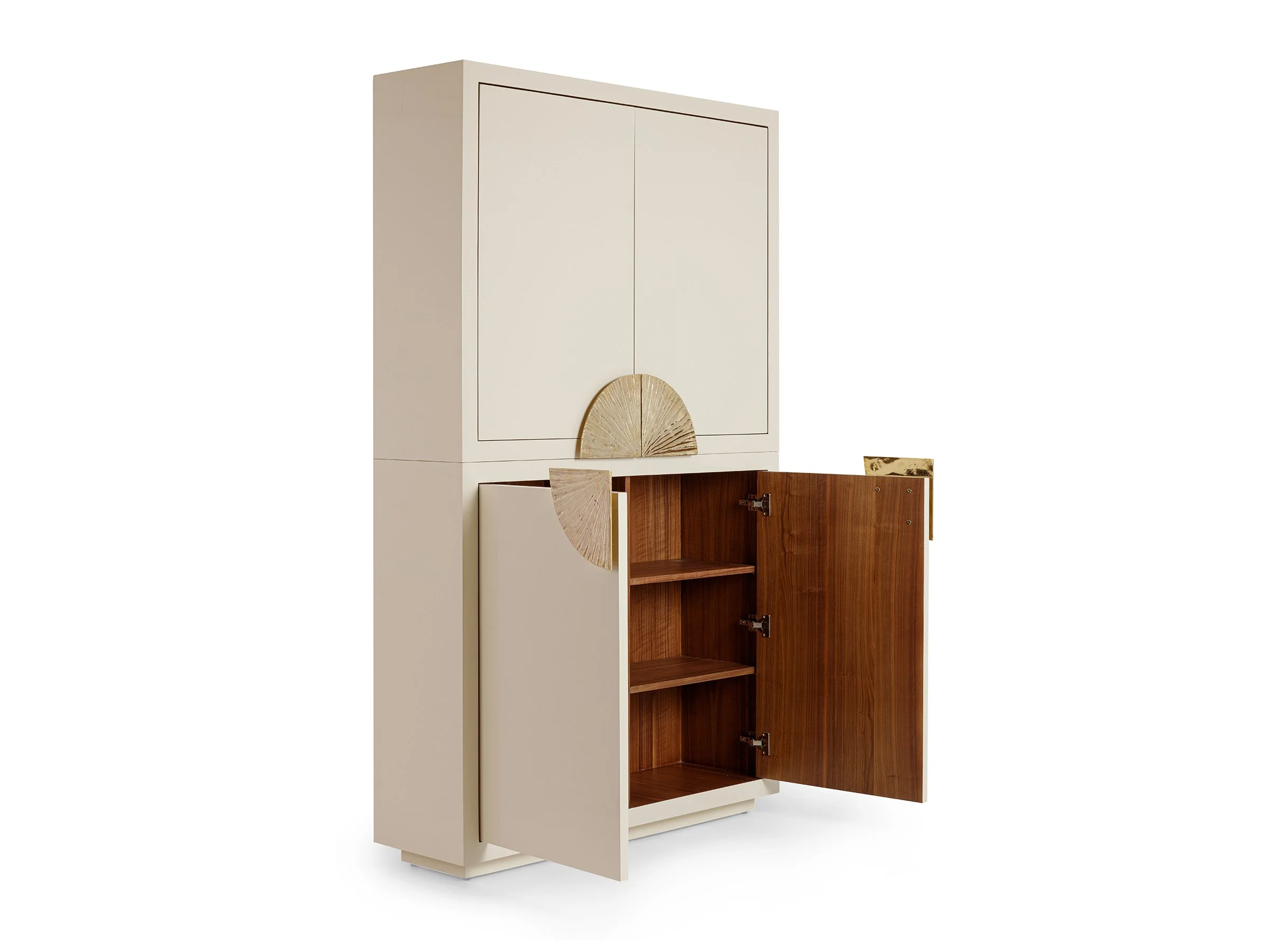 The Soleil Armoir open, showing interior shelving and wood finish