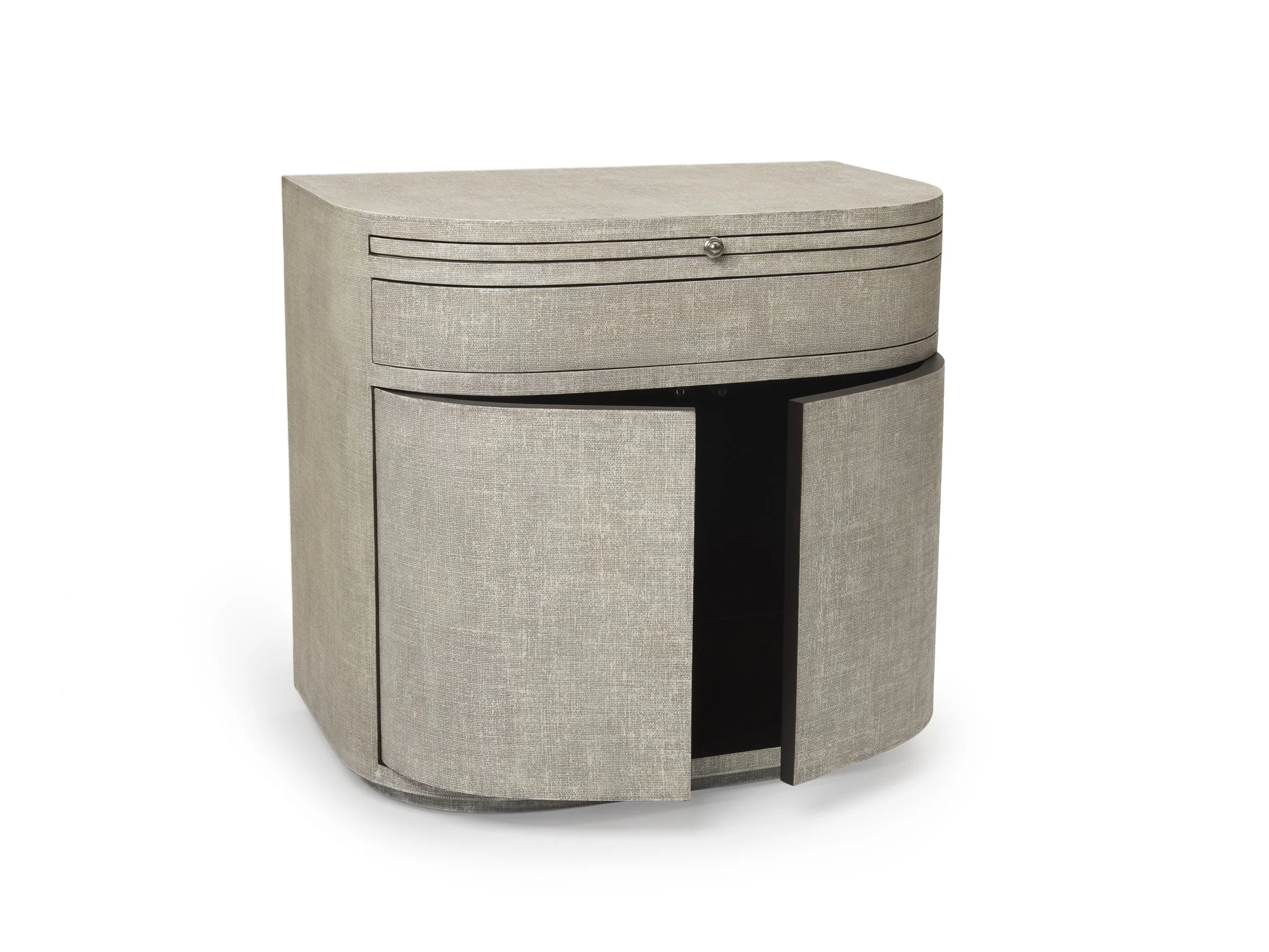 Front view of The Rita Cabinet in Snow lacquered linen with cabinet doors open