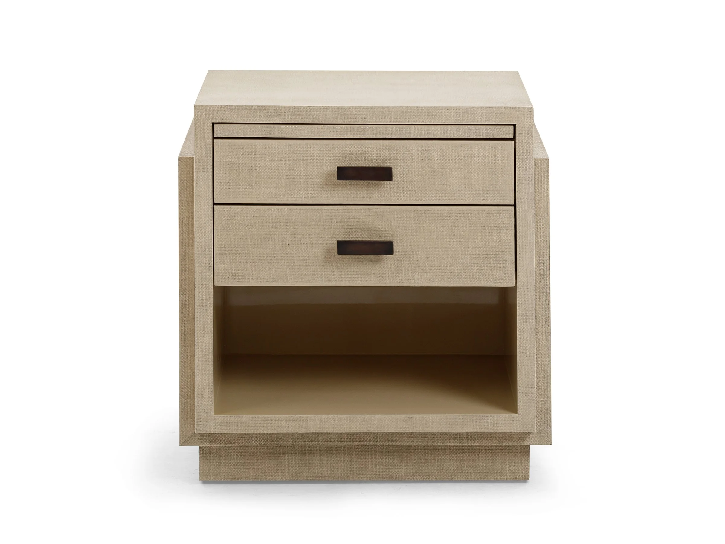 Front view of The Phillip Stand in canvas Lacquered Linen with two drawers and an open shelf