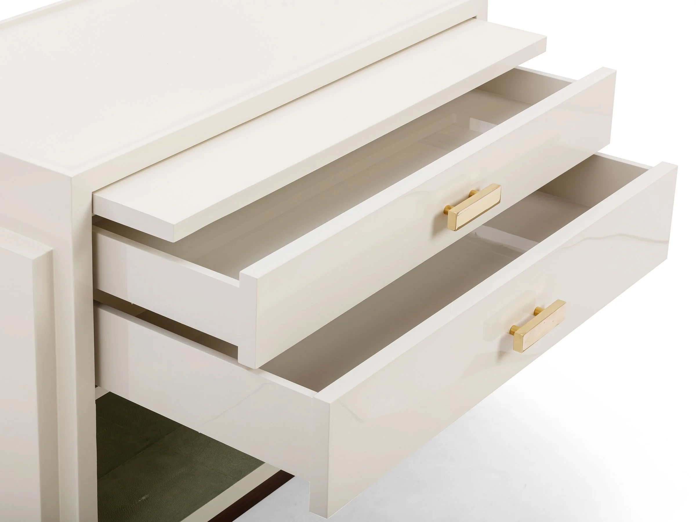 Close up of the Phillip Stand in Moonshine Lacquer with drawers open
