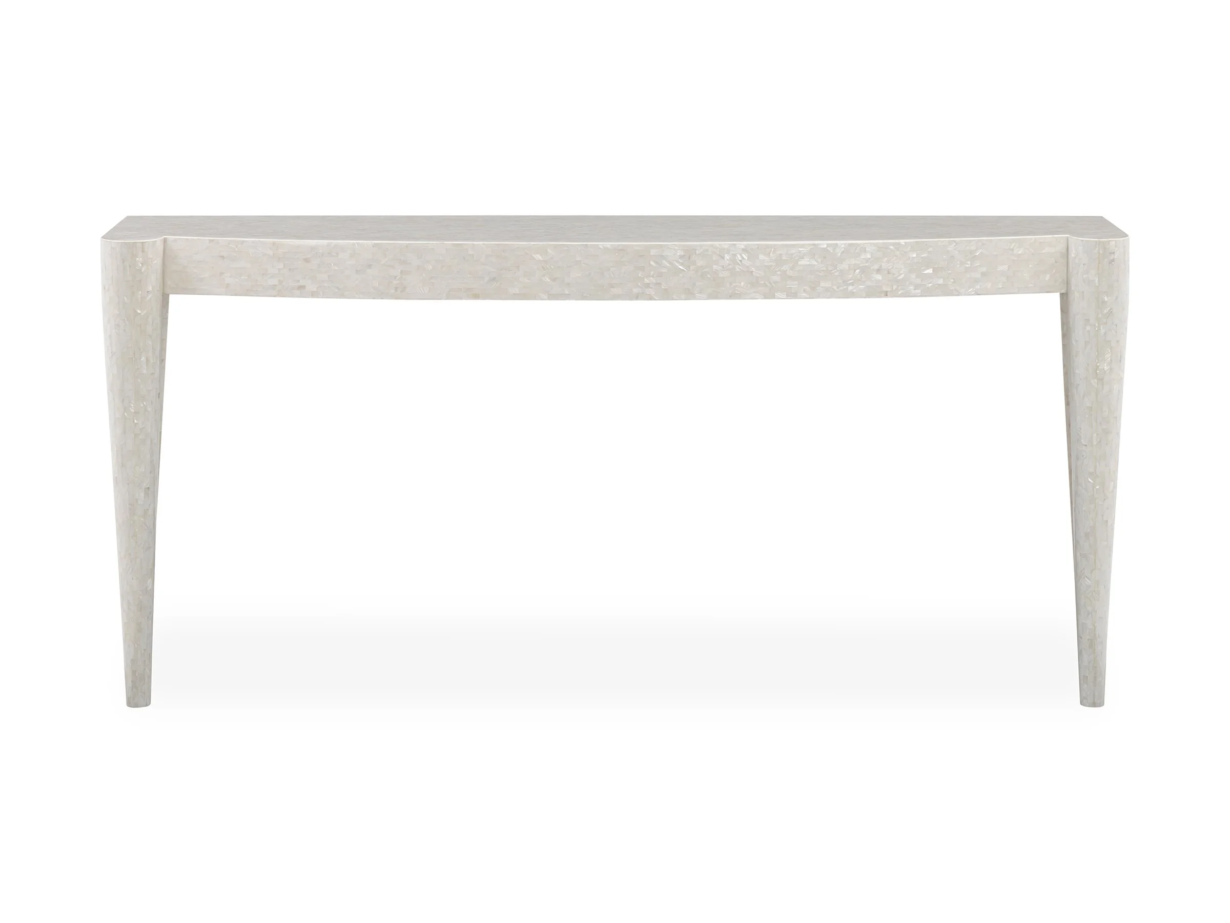 Custom sized Butler Console in White Mother of Pearl finish, front view.