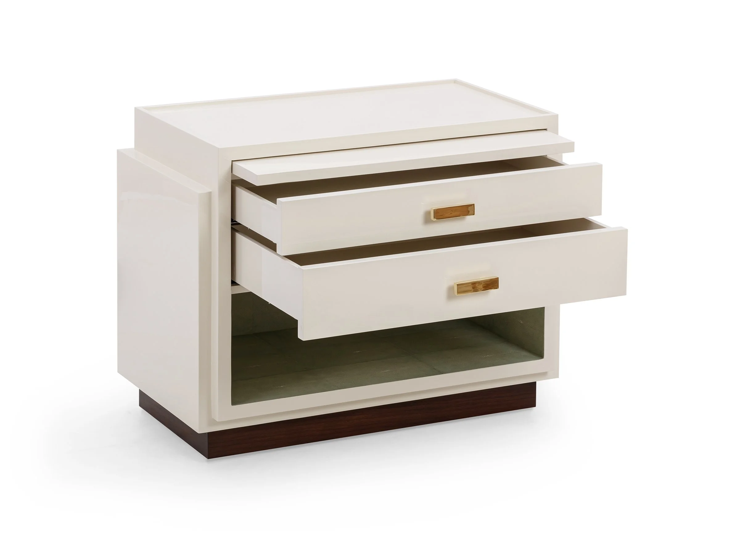 Angled view of the Phillip Stand in Moonshine Lacquer with drawers and shelf open
