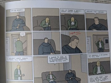 …and the next shot is a comically contrasting cut to Calvin’s meager attempt to console him while wearing a Snuggie. The last three frames here communicate that Teddy has vomited without saying so or using an over-the-top onomatopoeic “BLEEECCCCHHHHH!!!” Just Calvin dipping his head slightly in second-hand embarrassment.