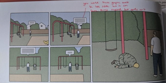 In context, we know exactly what Calvin is telling Teddy here; the exact grammar of how he phrases it is secondary to what the information means to Teddy. Teddy in shock collapses into an awkward, painful heap that would be difficult to describe in words.