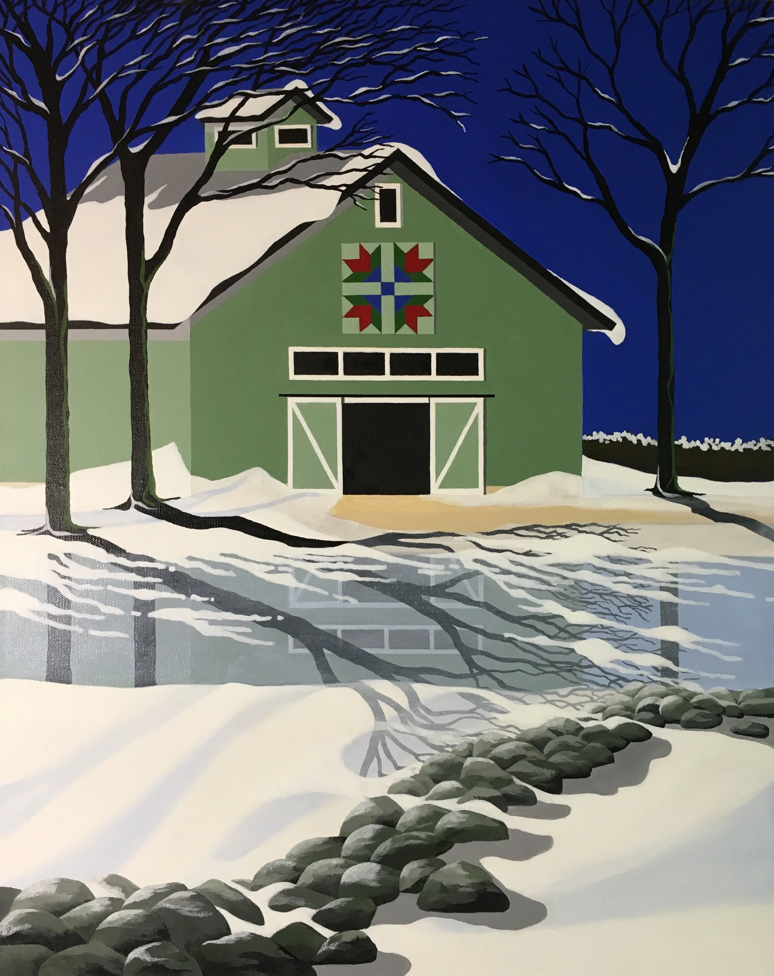 "GREEN BARN IN WINTER"   25"X31"   PRIVATE COLLECTION
