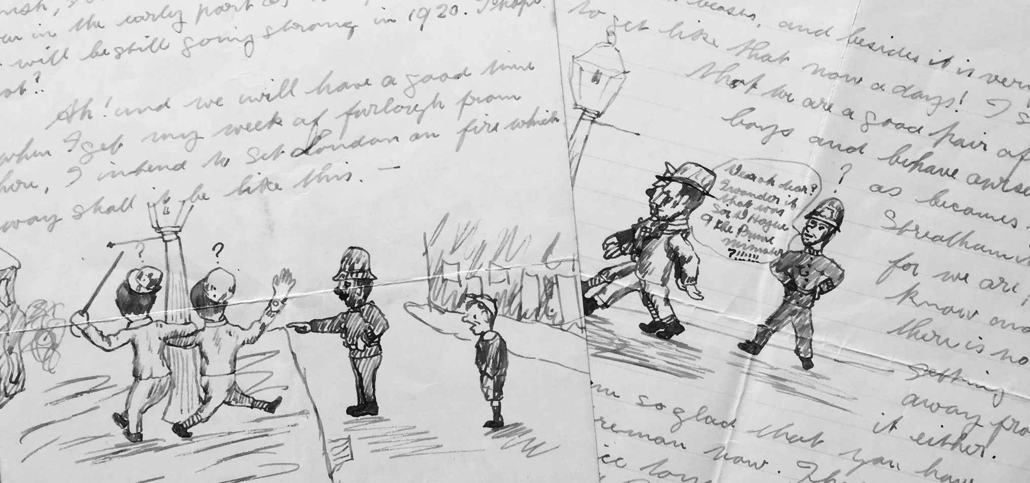 A comical letter from Eric to Basil, complete with cartoons.