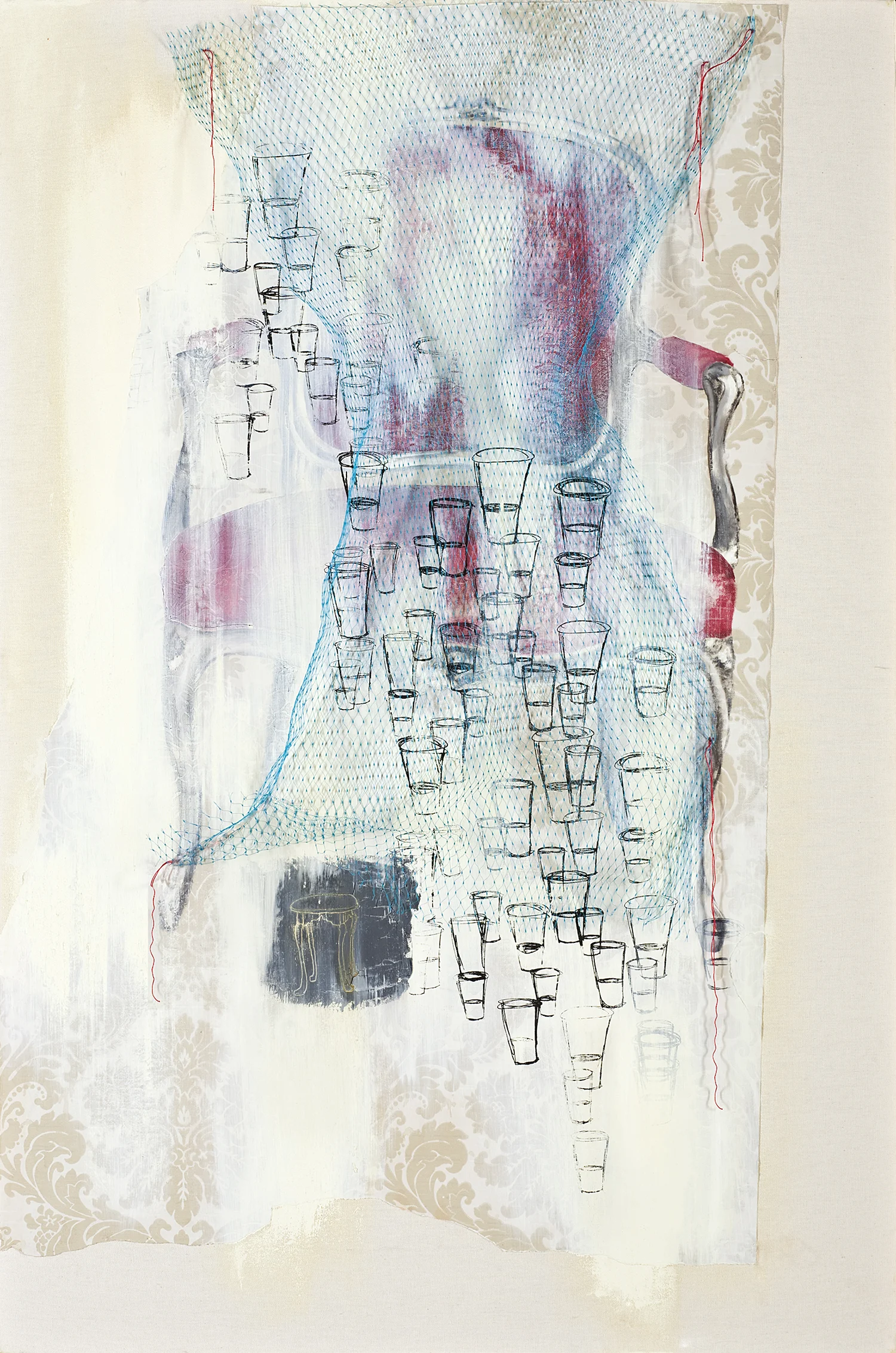 Muse 2010 mixed media, oil, silkscreen, string, mesh on canvas, 48" x 32" 