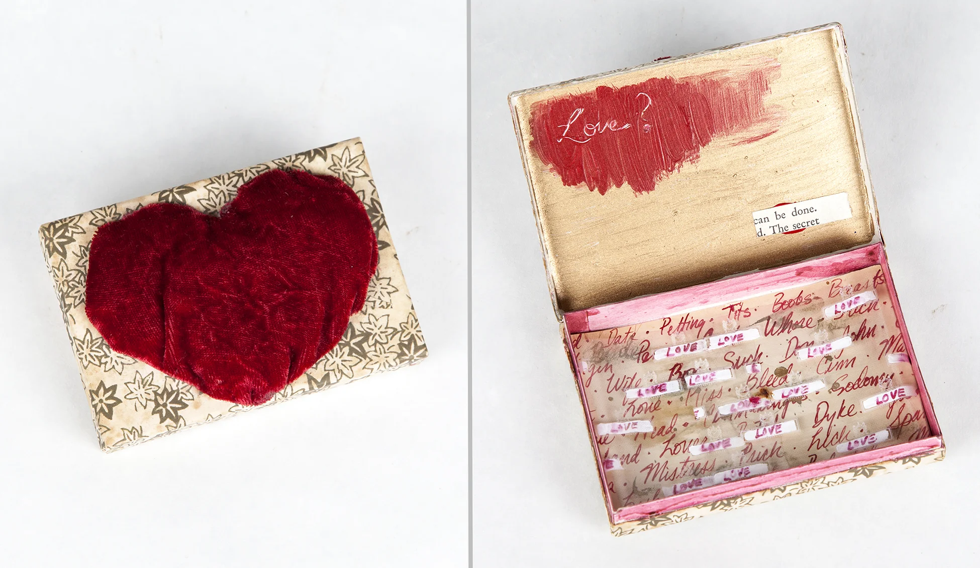 Valentine 1999 cardboard, paper, paint, fabric and glassine, 3” x 4.25” x 1.25” (closed)