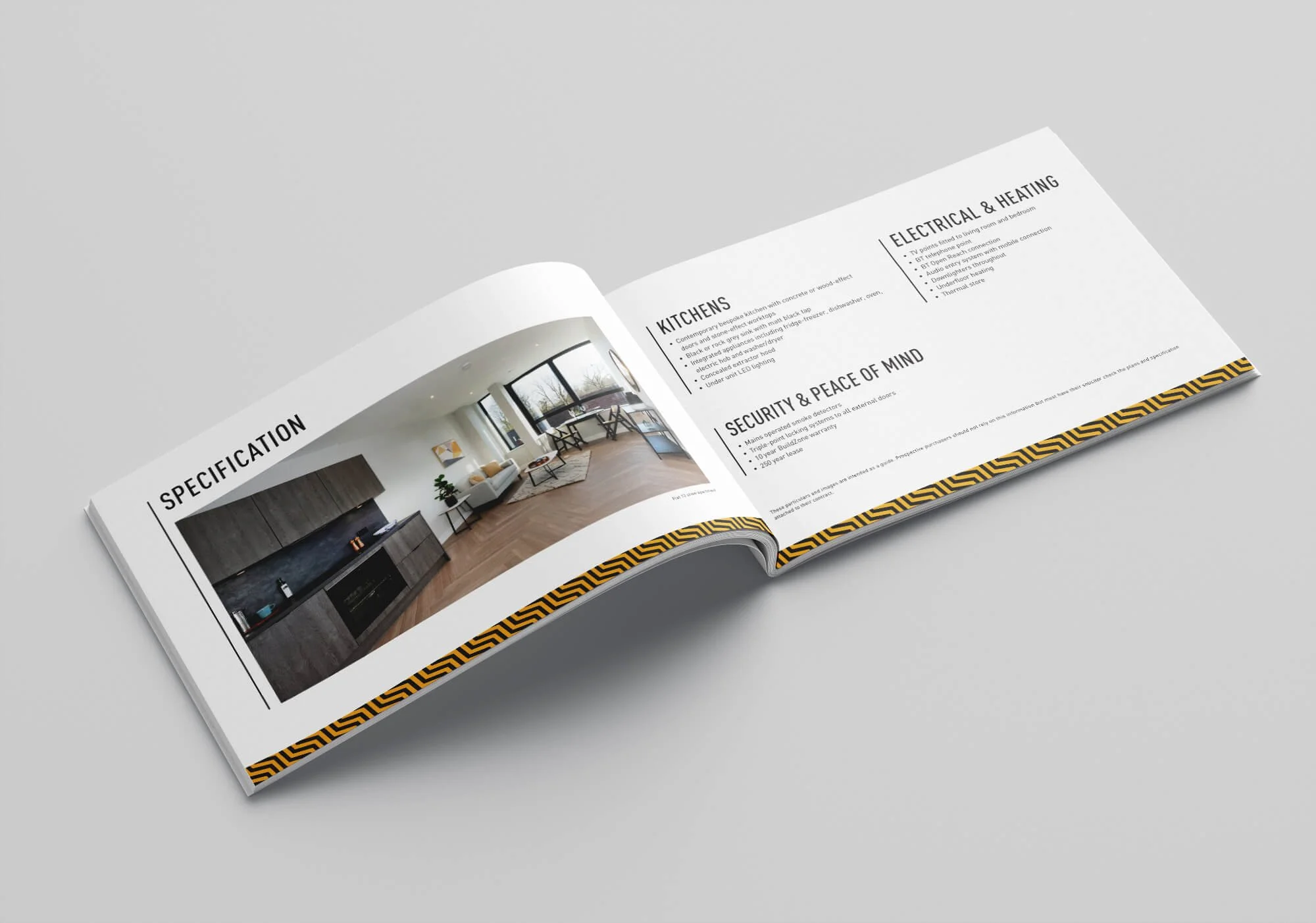 Open brochure showcasing specifications for a modern apartment, featuring a photograph of a furnished, spacious living room with large windows and wooden flooring, and sections detailing kitchen, electrical, security, and heating specifications.