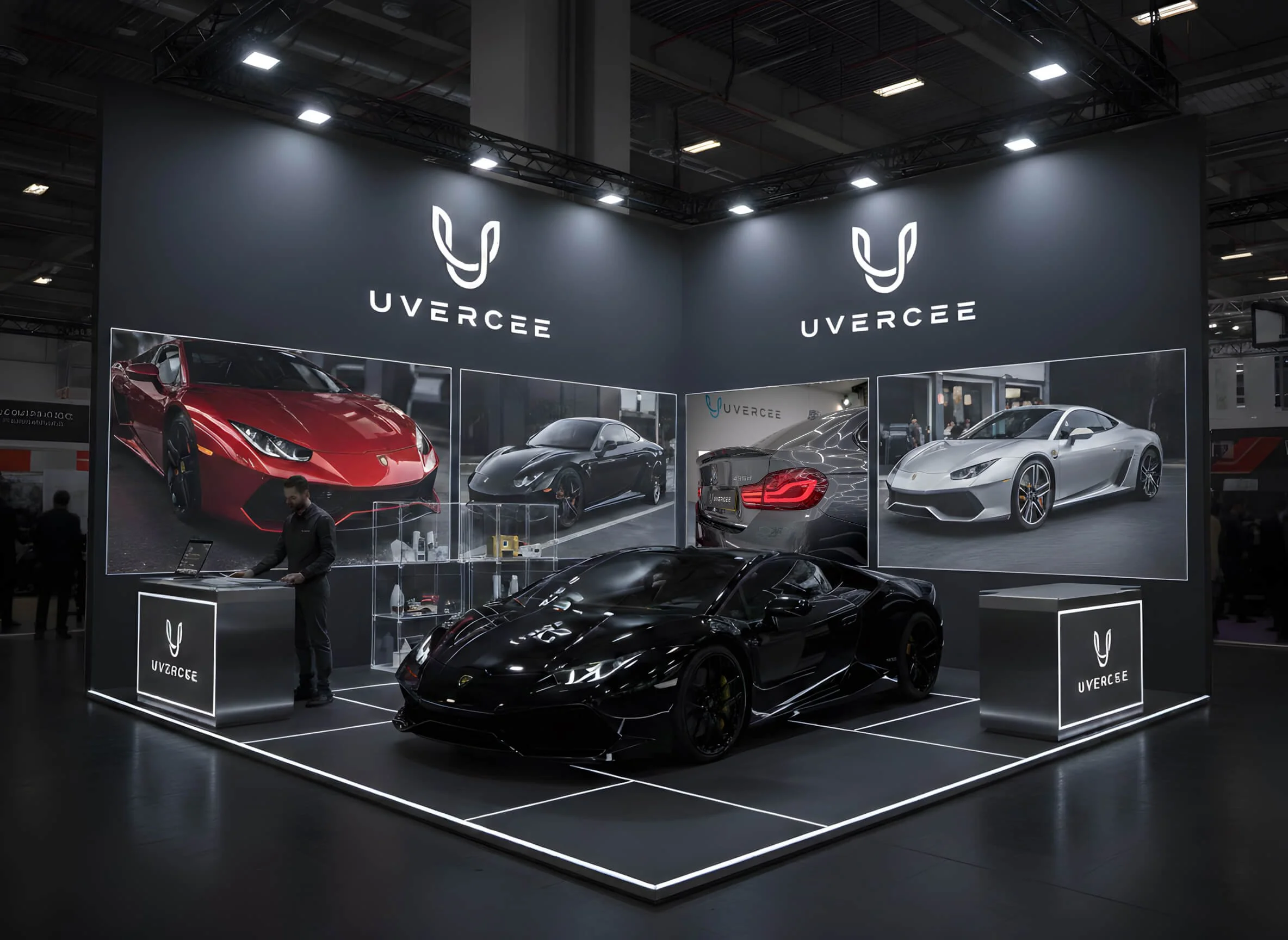 A black sports car is on display at a UVERCEE booth at an auto show. The booth features large images of luxury and sports cars on the back wall and two grey UVERCEE counters. Overhead lighting illuminates the scene.