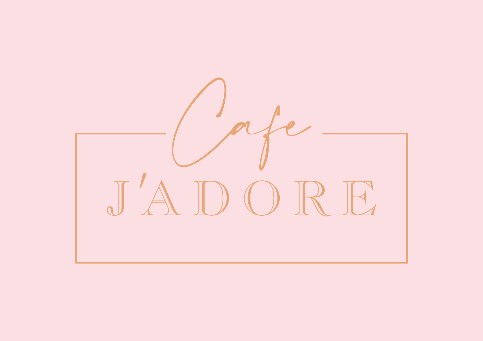 Pink background with elegant text that reads "Café J'adore" in cursive and serif fonts, enclosed in a thin rectangular border.