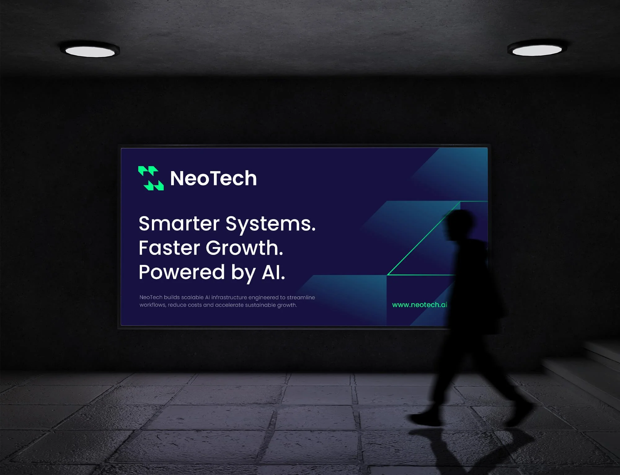 A person walking past an illuminated digital advertisement on a dark wall. The ad promotes NeoTech, a company specializing in AI infrastructure, featuring text that highlights "Smarter Systems. Faster Growth. Powered by AI," along with the company's 