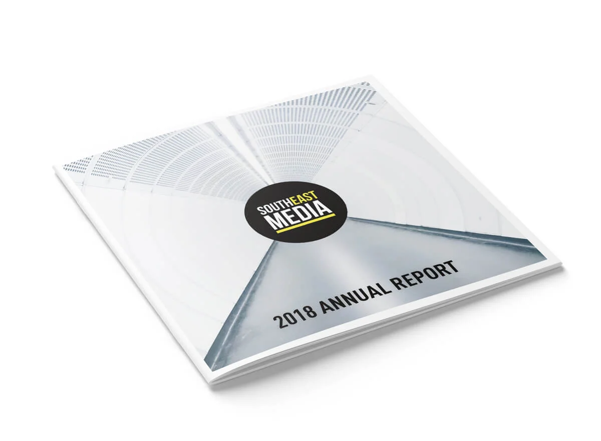Cover of Southeast Media 2018 Annual Report with a modern architectural tunnel design.