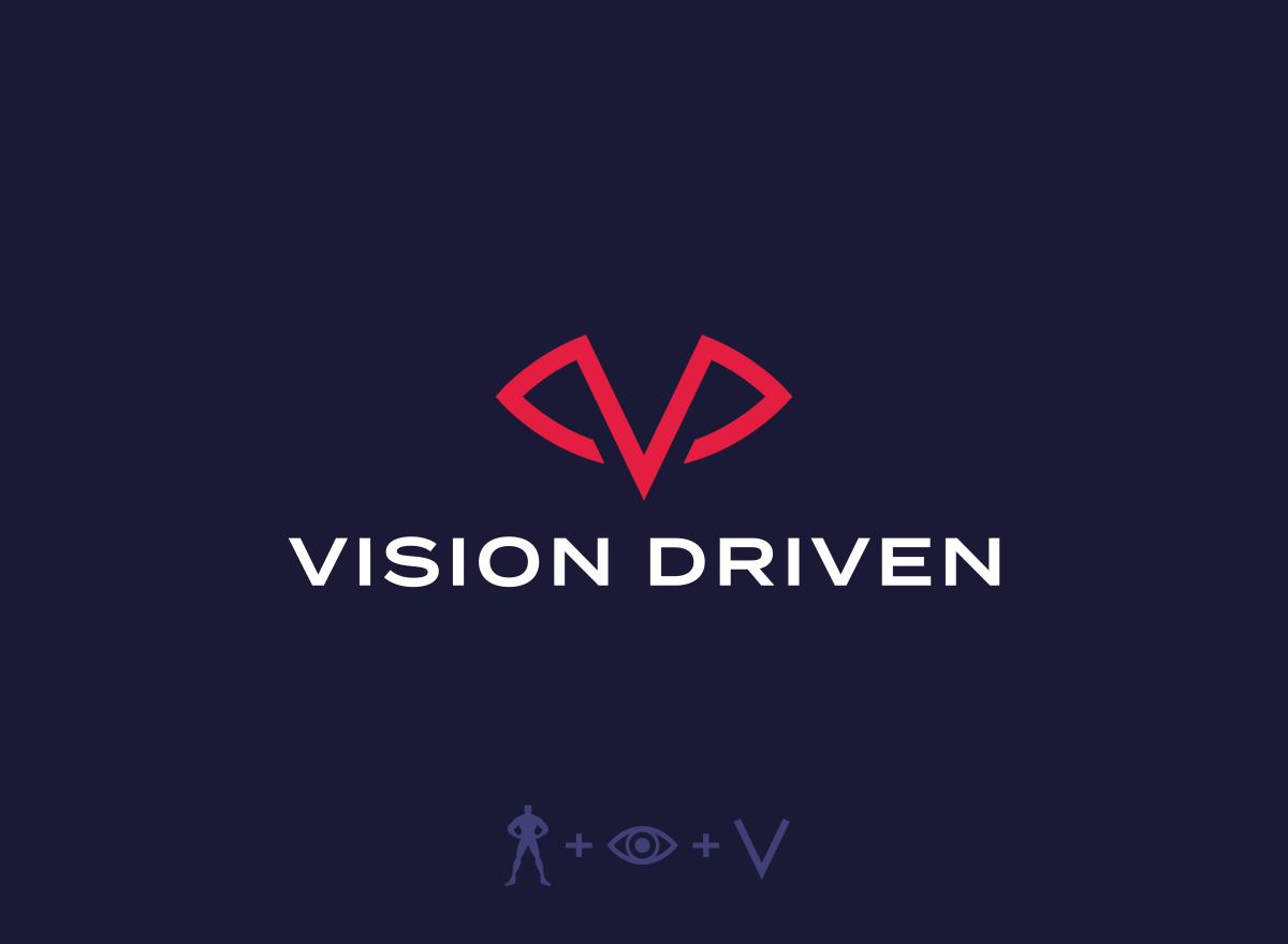 A logo with a stylized red eye above the words "Vision Driven" on a dark background, with a small icon of a person, an eye, and a V symbol at the bottom.