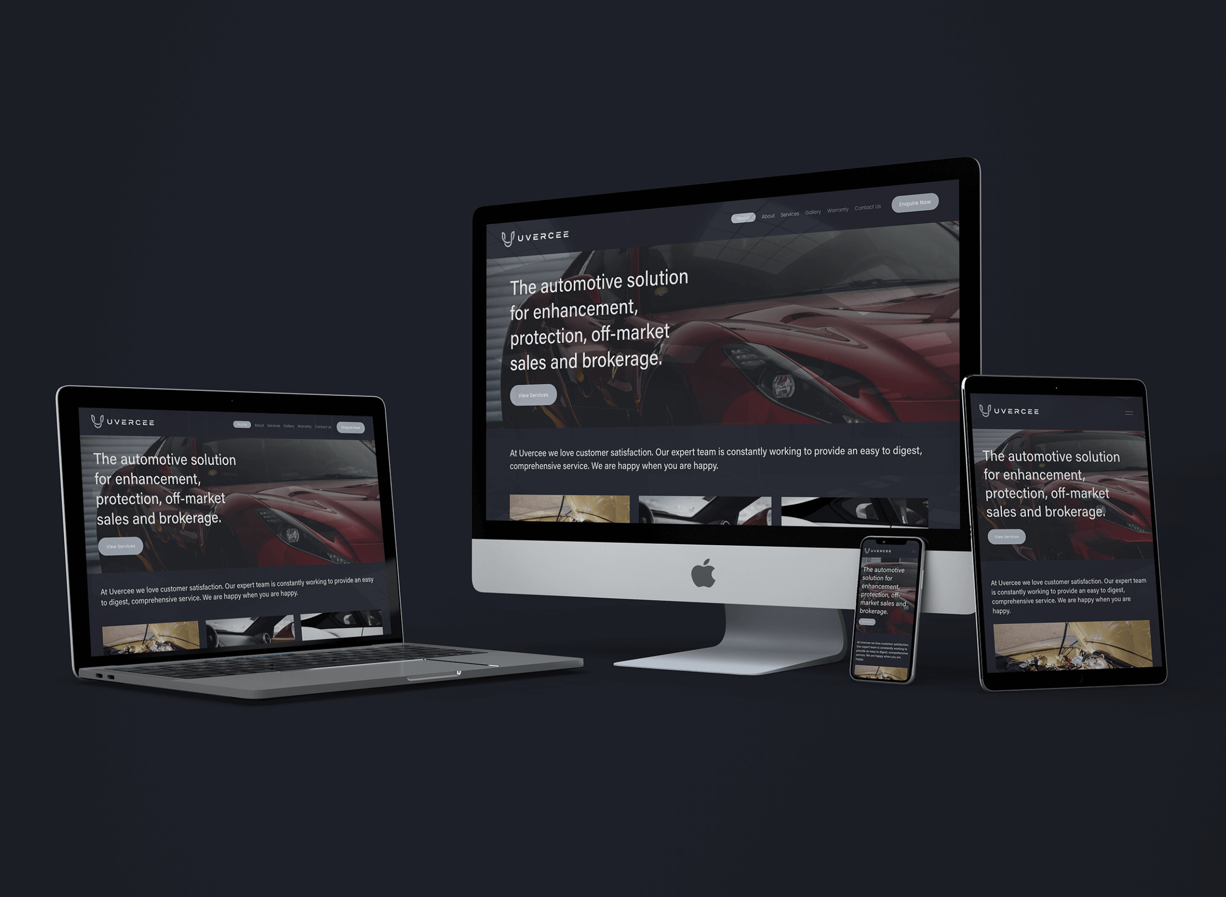Multiple electronic devices including a laptop, desktop, tablet, and smartphone displaying a car dealership website with a red sports car and dark theme.