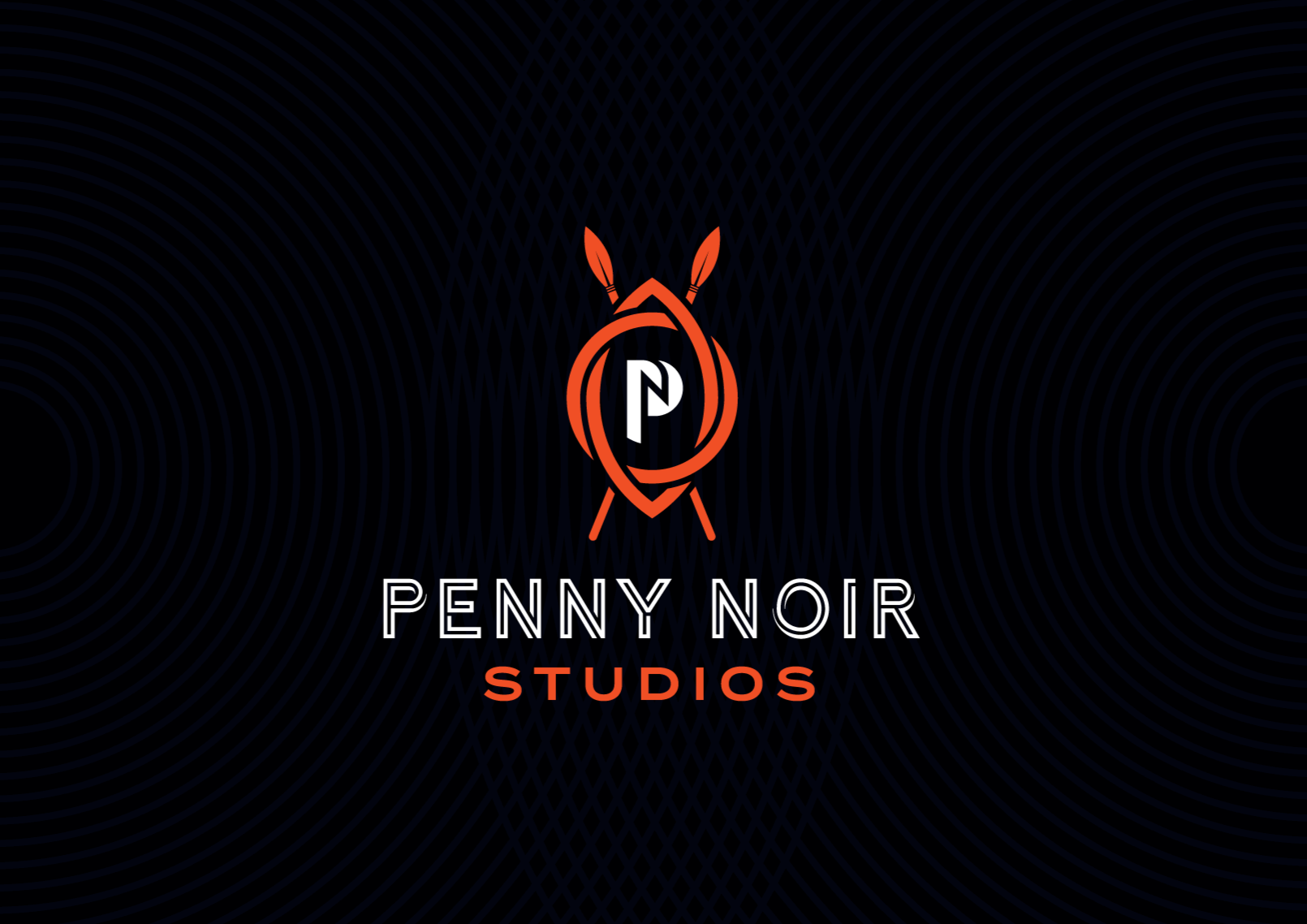 Logo for Penny Noir Studios with a stylized arrowhead and two feathers, and text 'Penny Noir Studios' on a dark, patterned background.