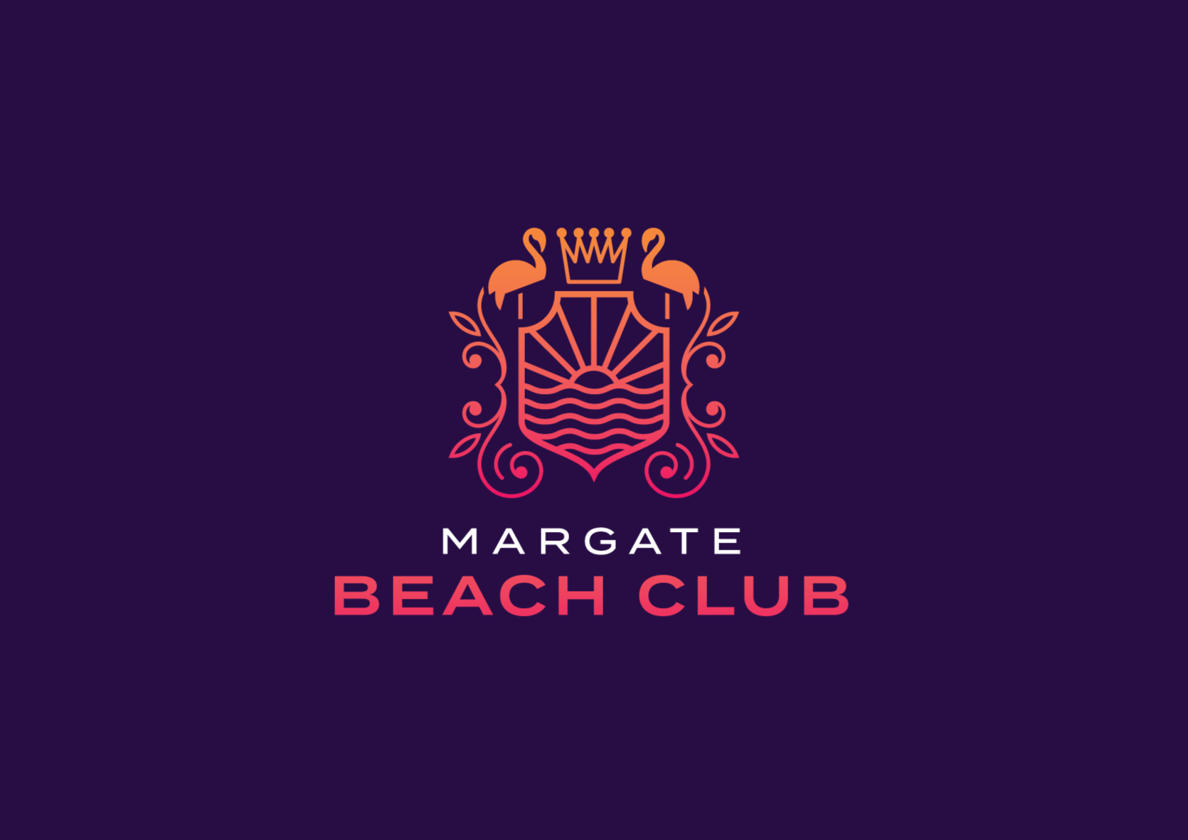 Logo for Margate Beach Club featuring two flamingos, a crown, and a shield with a sunrise and waves, on a dark purple background.