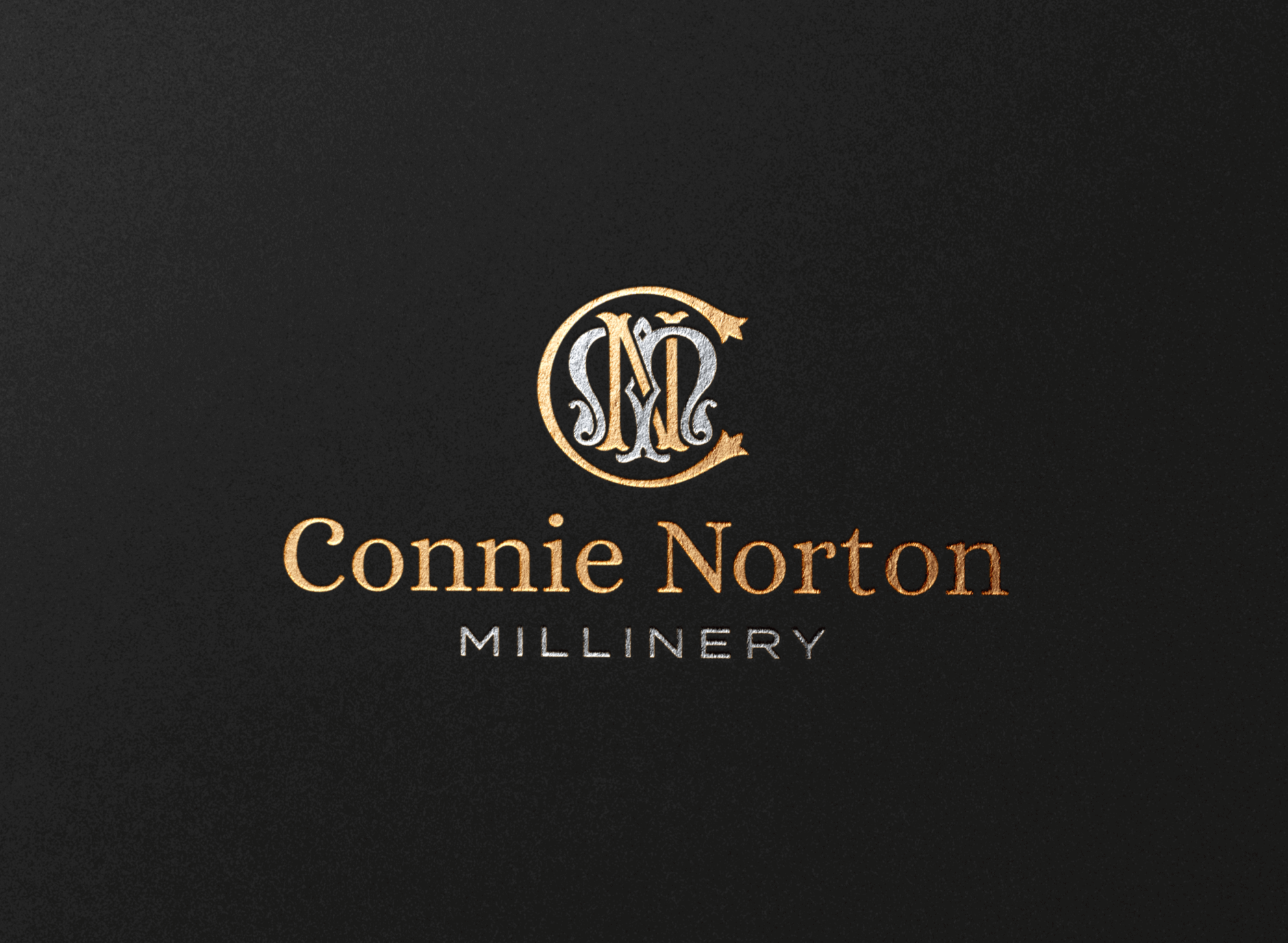 Black background with a gold and silver monogram logo and text reading 'Connie Norton Millinery'.