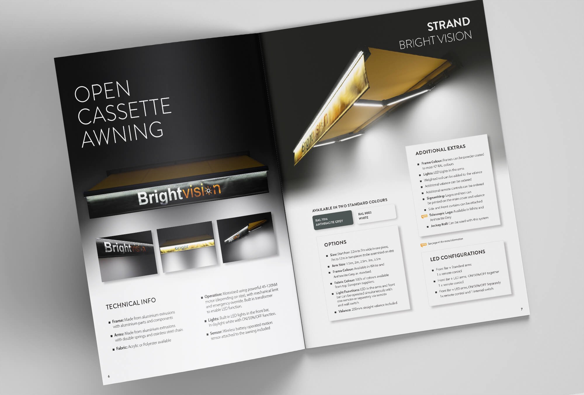 Brochure showcasing open cassette awnings with Bright Vision branding, including technical specifications, color options, and additional features.