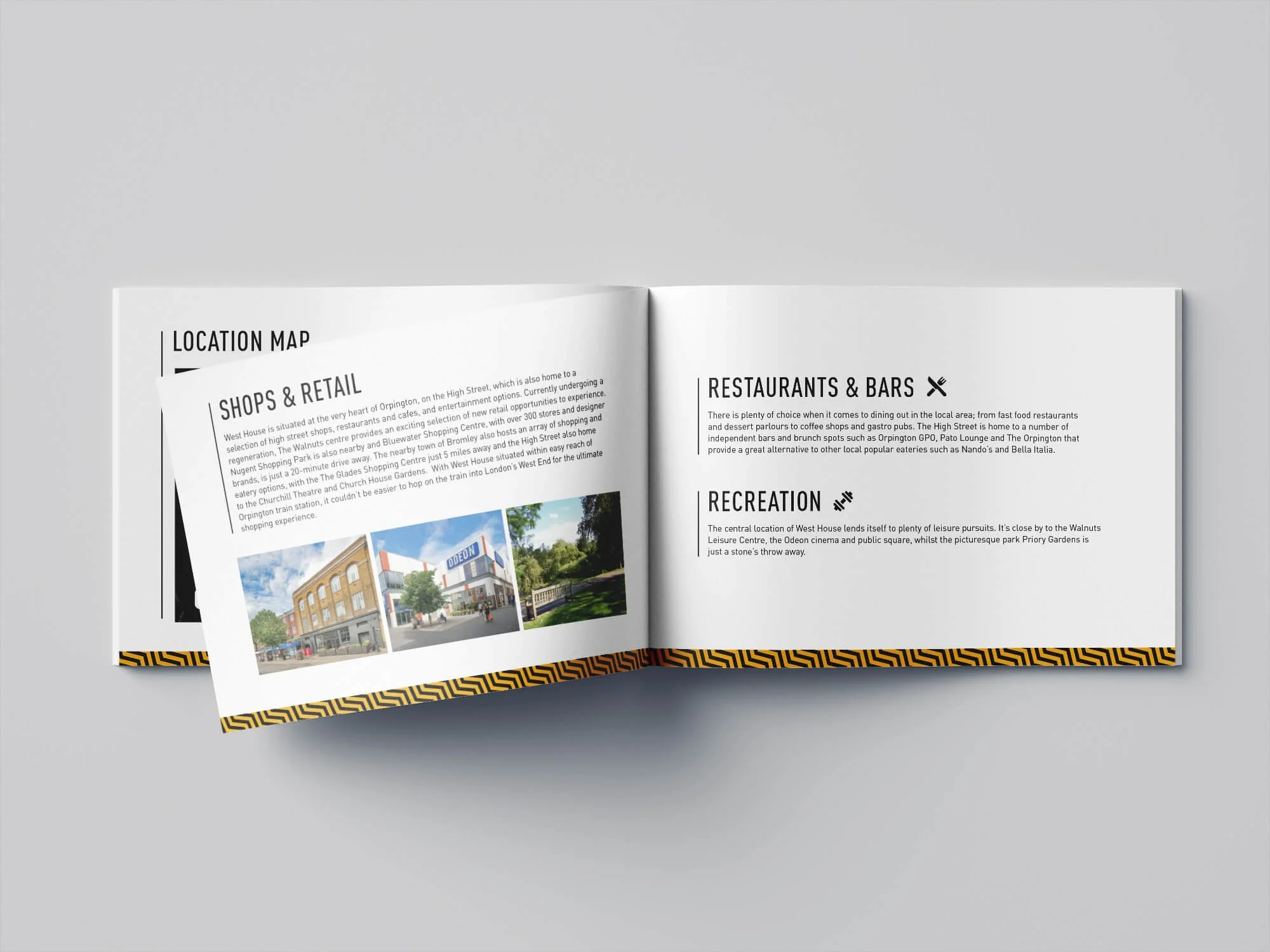 Open brochure featuring sections on shops, restaurants, bars, and recreation with images of a shopping center and parks.