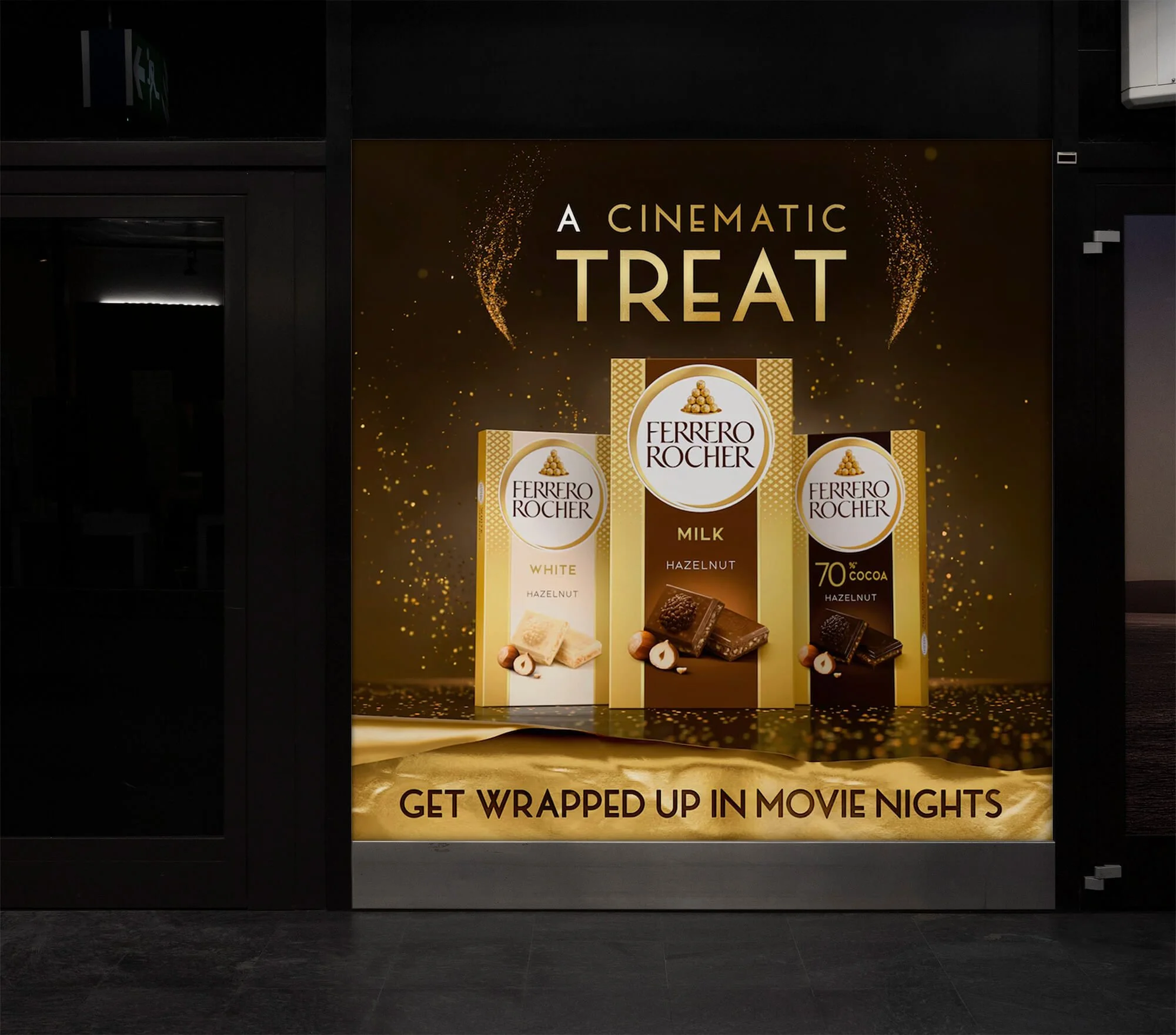A promotional poster displaying Ferrero Rocher chocolates, including white, milk, and 70% cocoa hazelnut flavors, with the slogan 'Get wrapped up in movie nights'.
