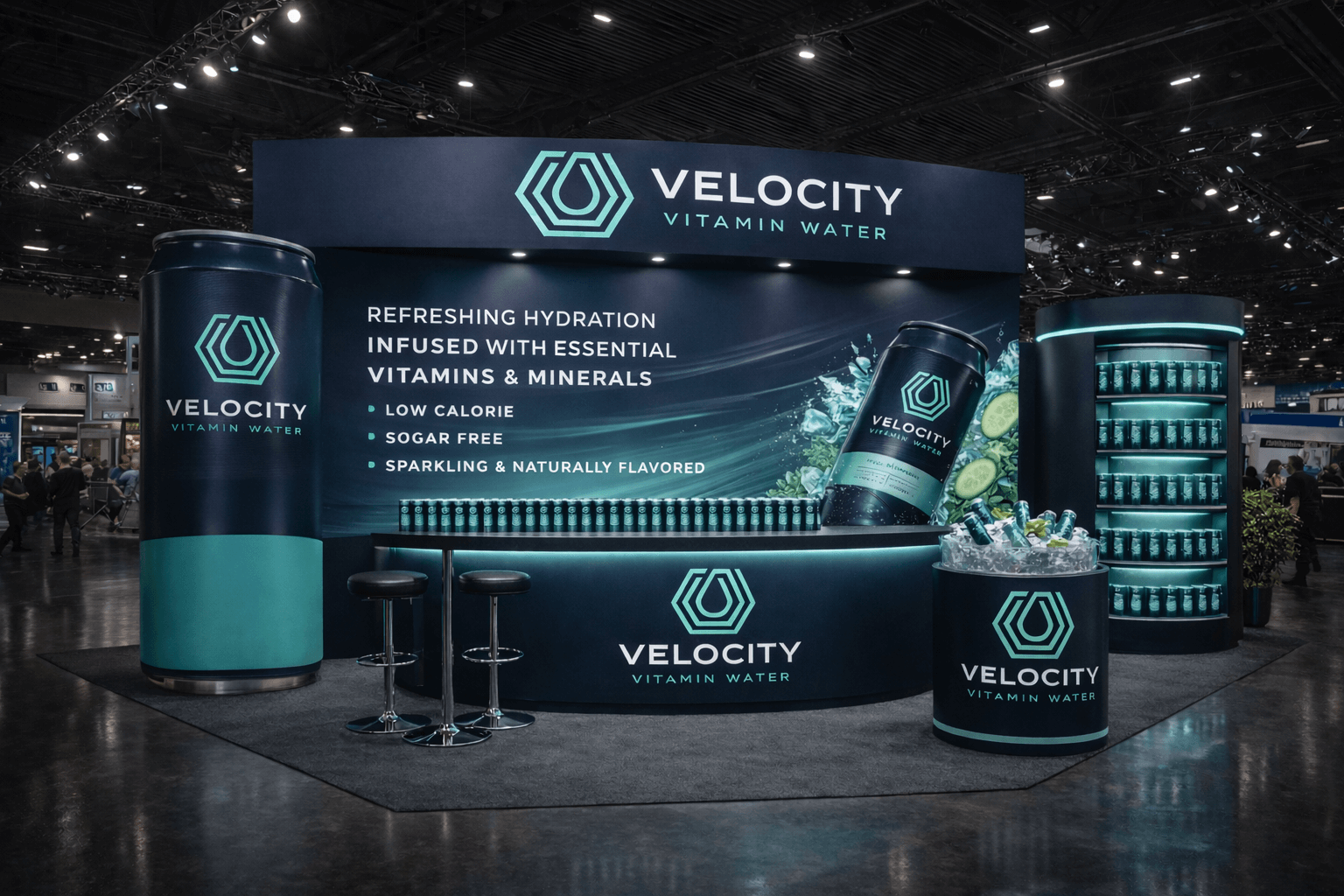 Exhibition booth for Velocity Vitamin Water at a trade show, featuring a large vertical drink can replica, a curved counter with Velocity branding, a cylindrical refrigerated display with multiple bottles, and a backdrop highlighting the product benefits such as hydration infused with essential vitamins and minerals.