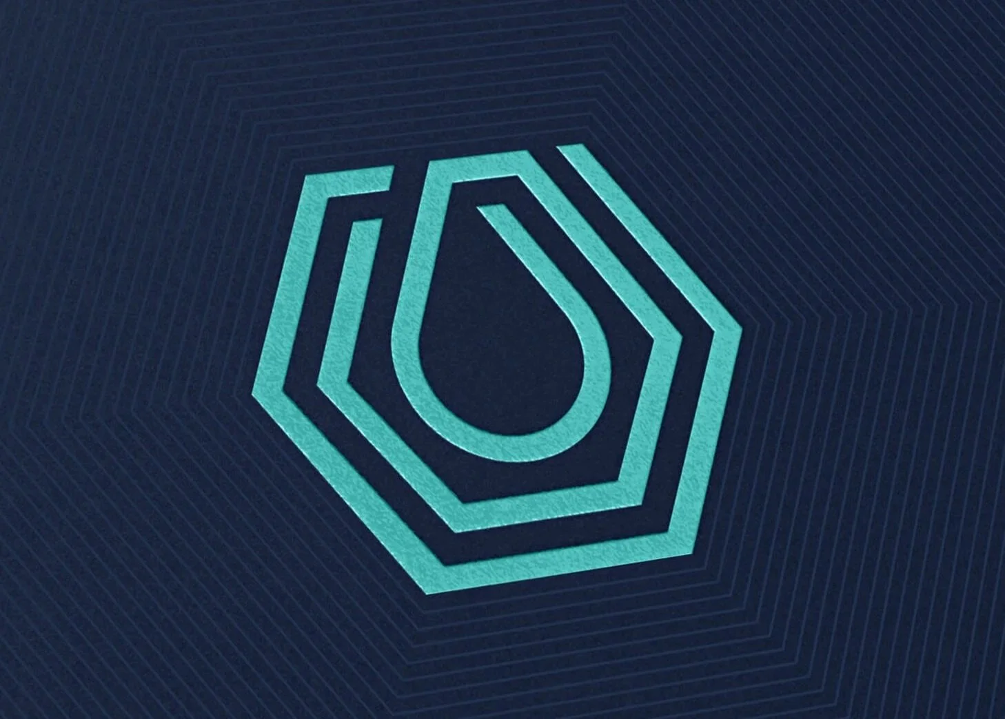 Teal abstract geometric logo on a dark blue hexagonal line pattern background