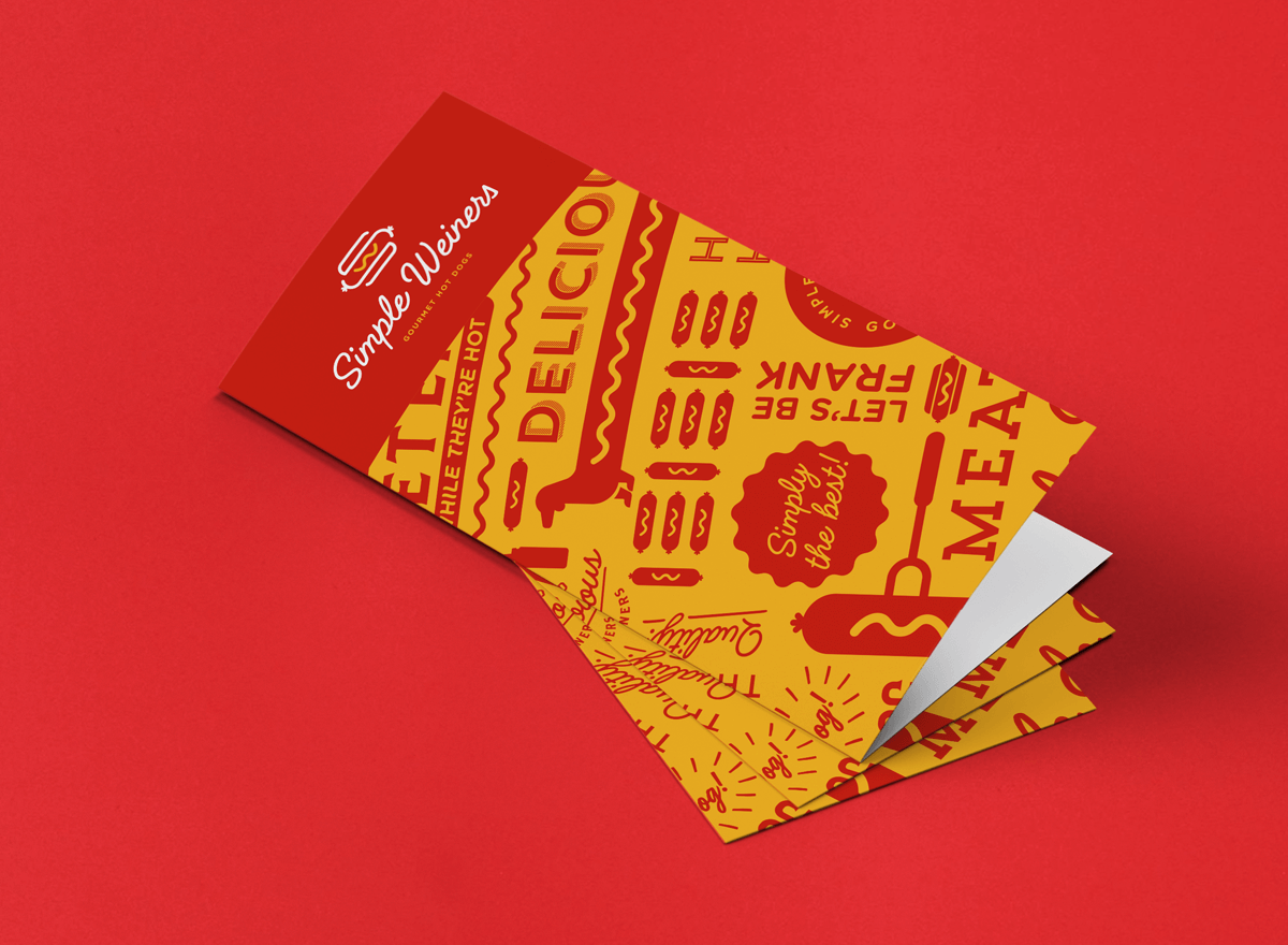 A red and yellow takeout menu with the text 'Simple Weiners,' 'delicious,' and 'hot dogs' on a red background.