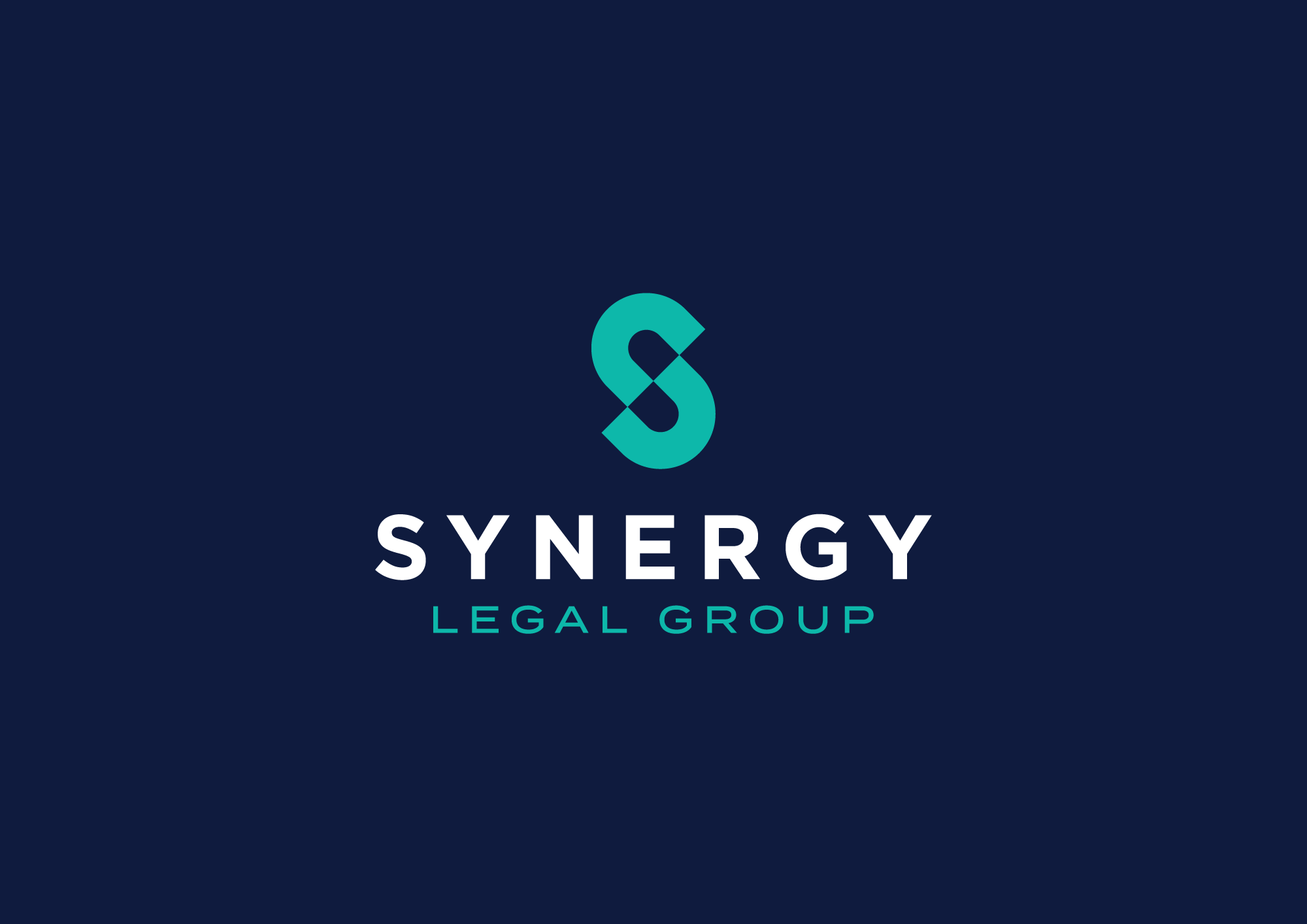 Logo for Synergy Legal Group with a stylized letter S in teal above the company name in white and teal text on a dark blue background.