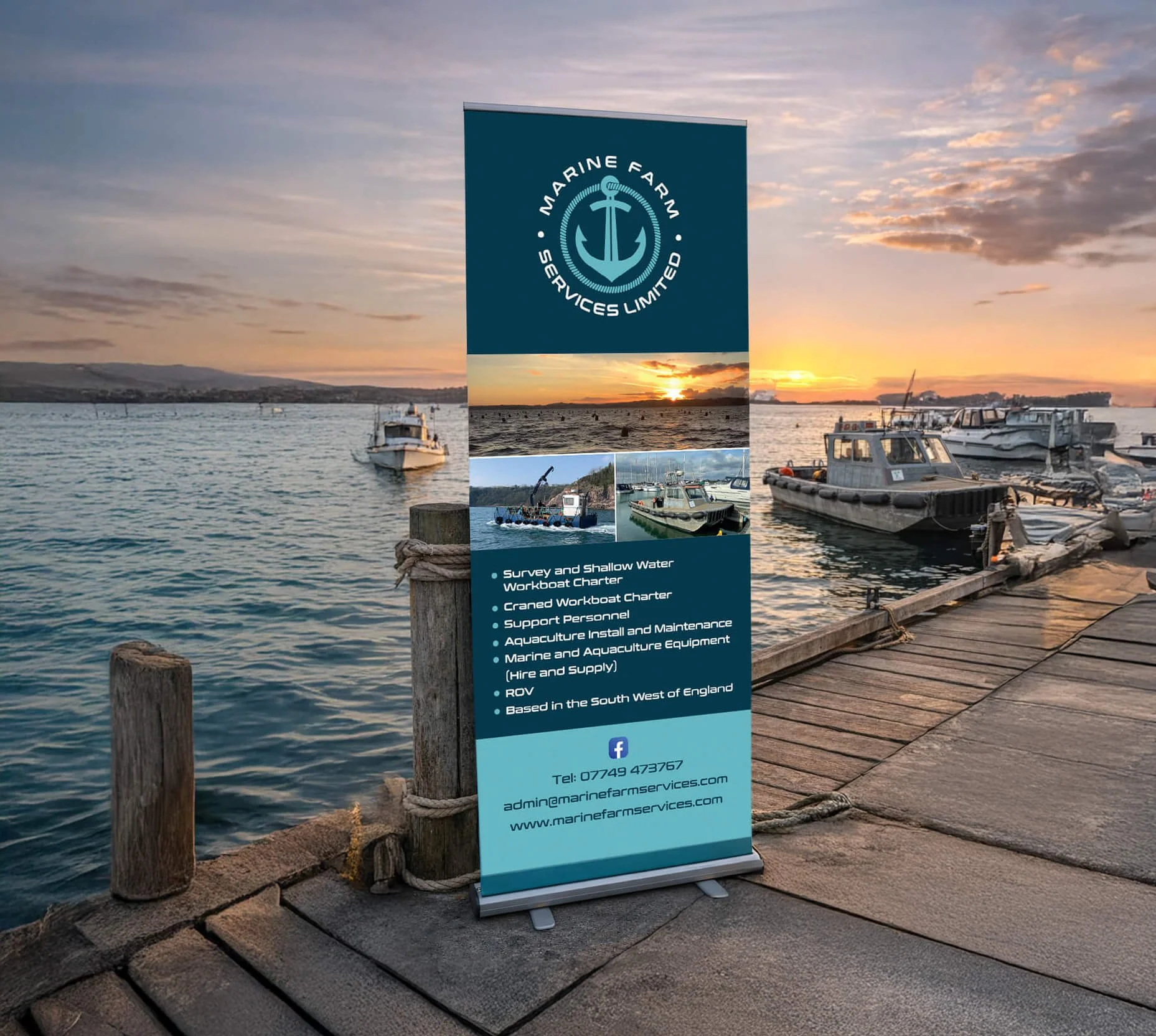 A standing banner for Marine Farm Services Limited, featuring the company's logo with an anchor, and a list of services including workboat charter and support personnel, set against a marina with boats at sunset.