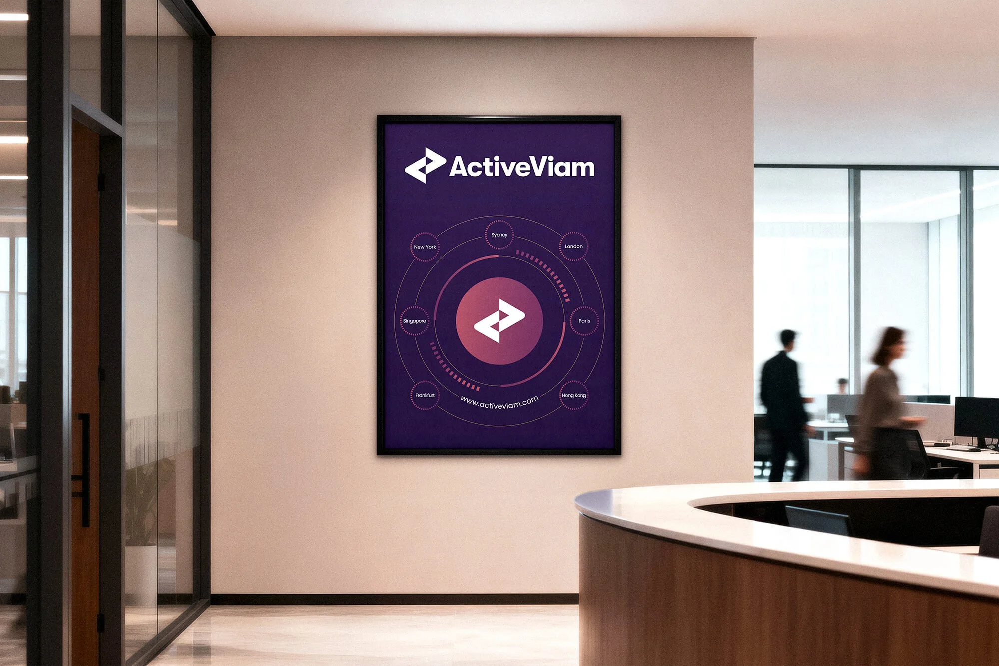 Digital display board in office lobby showing 'ActiveViam' logo and global office locations.